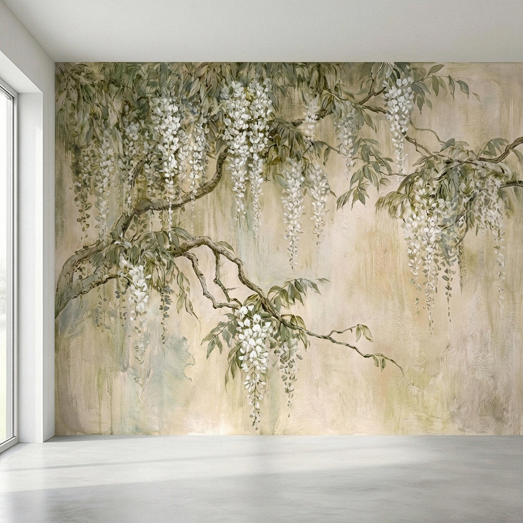 White Wisteria Peel and Stick Wall Mural, Hand Painted Botanical Fresco, Soft Sage Beige Floral Wallpaper