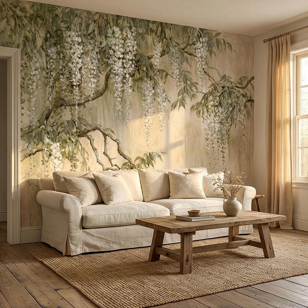 White Wisteria Peel and Stick Wall Mural, Hand Painted Botanical Fresco, Soft Sage Beige Floral Wallpaper