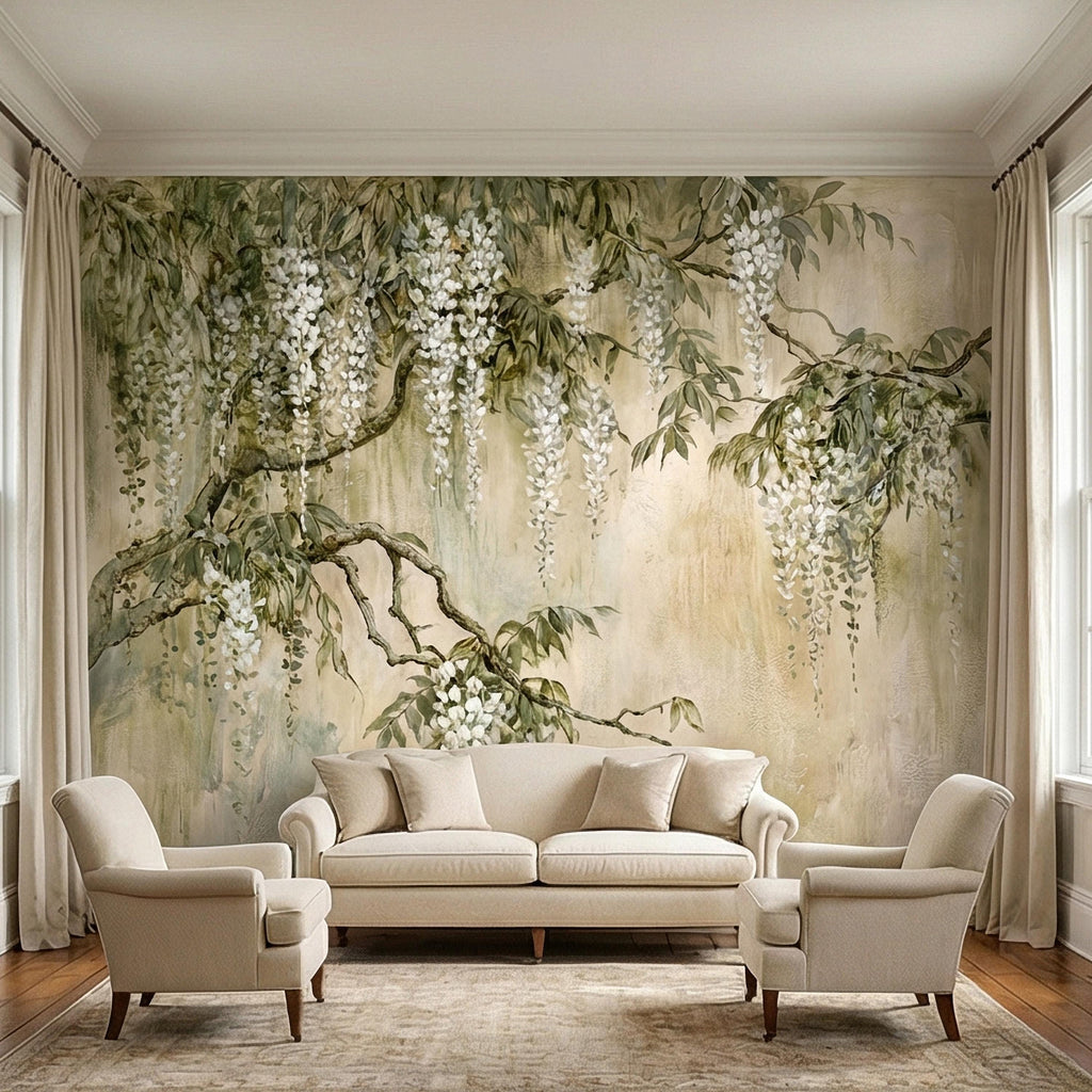 White Wisteria Peel and Stick Wall Mural, Hand Painted Botanical Fresco, Soft Sage Beige Floral Wallpaper