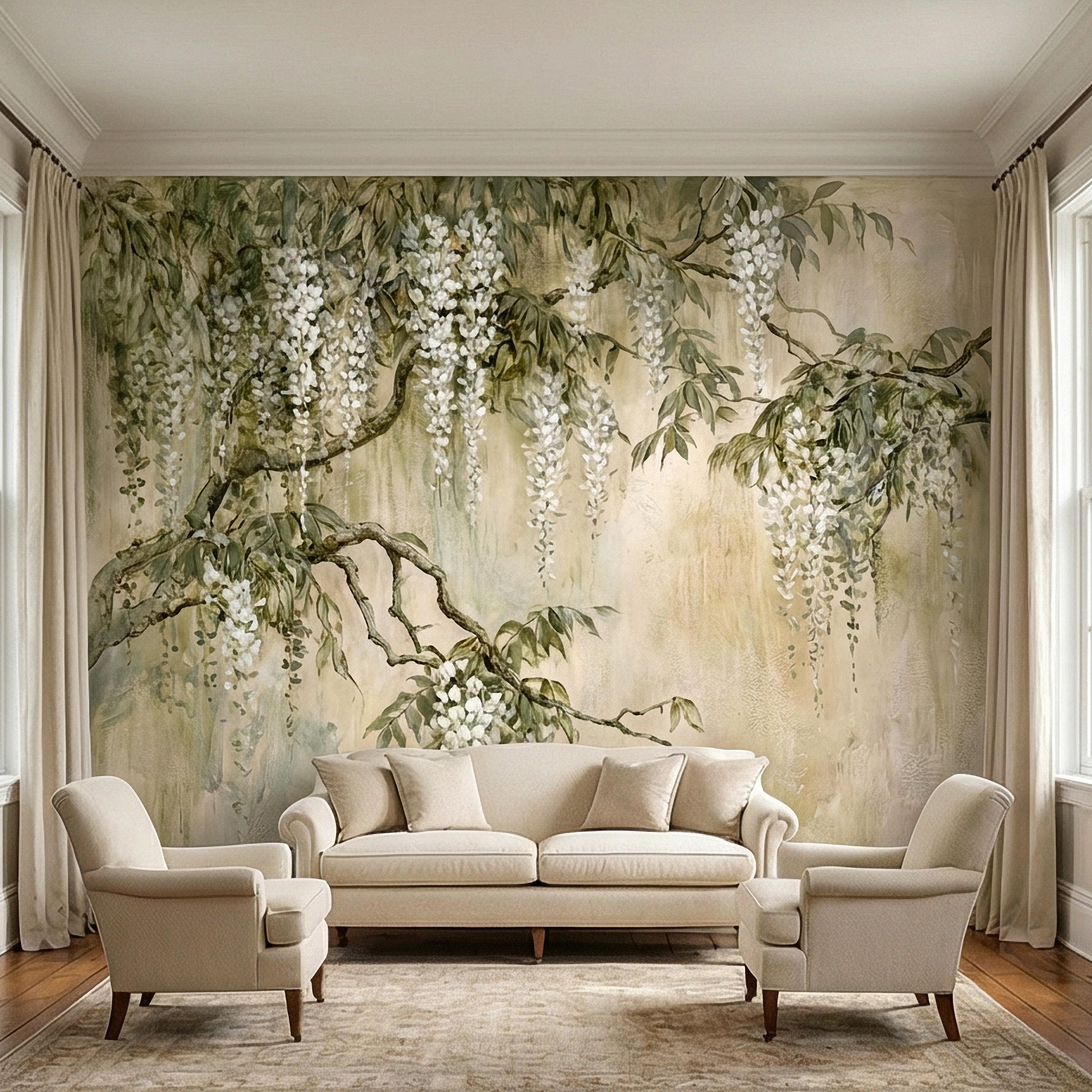White Wisteria Peel and Stick Wall Mural, Hand Painted Botanical Fresco, Soft Sage Beige Floral Wallpaper