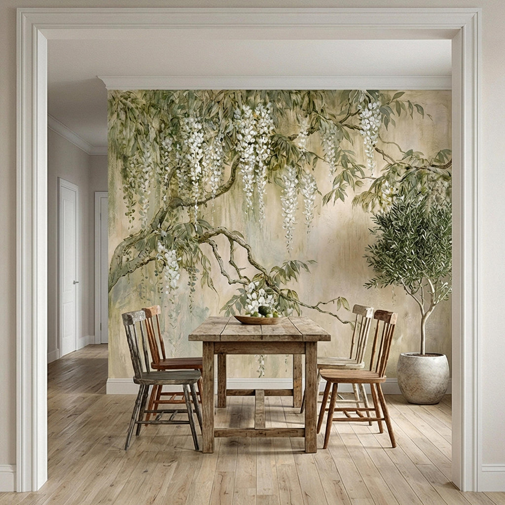 White Wisteria Peel and Stick Wall Mural, Hand Painted Botanical Fresco, Soft Sage Beige Floral Wallpaper