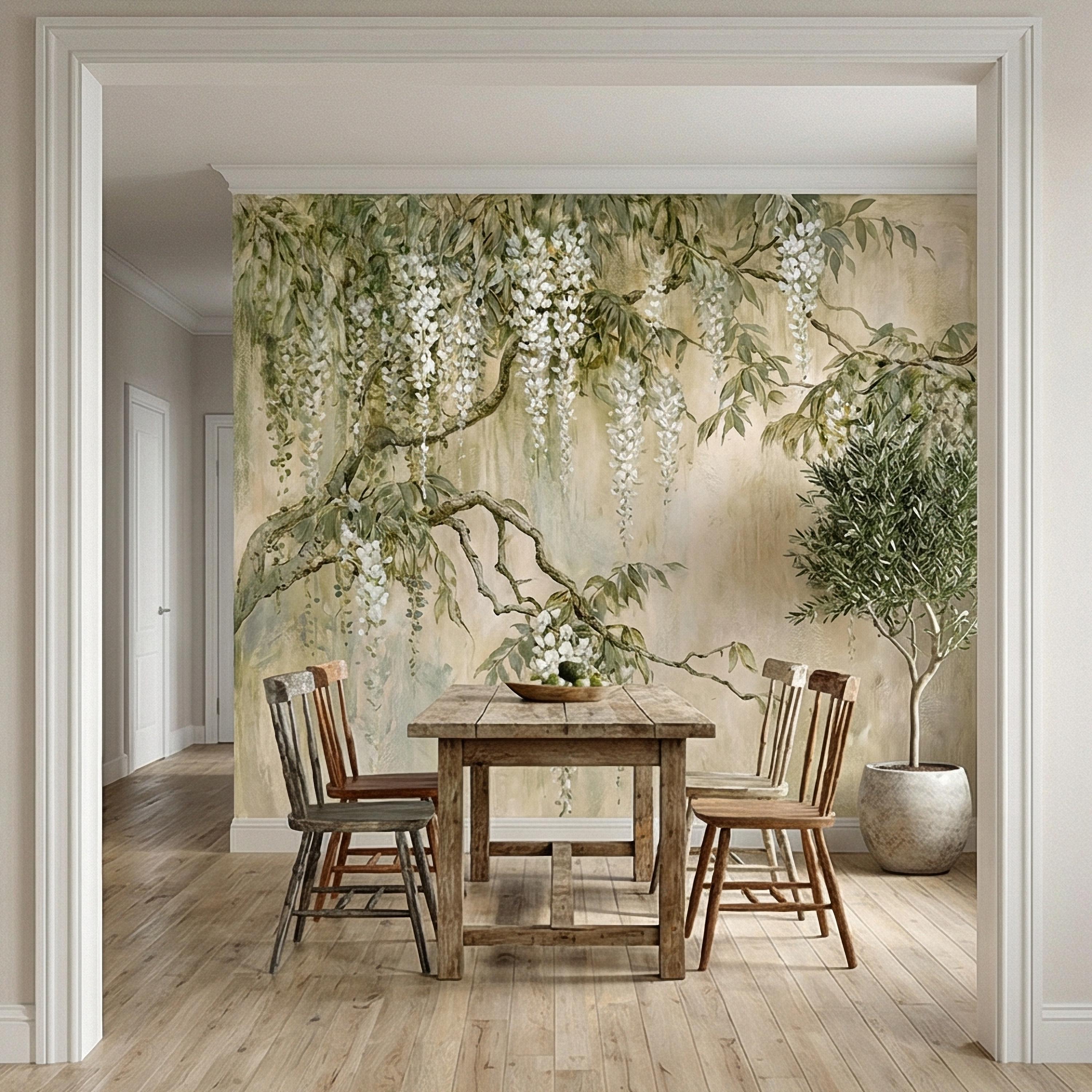 White Wisteria Peel and Stick Wall Mural, Hand Painted Botanical Fresco, Soft Sage Beige Floral Wallpaper