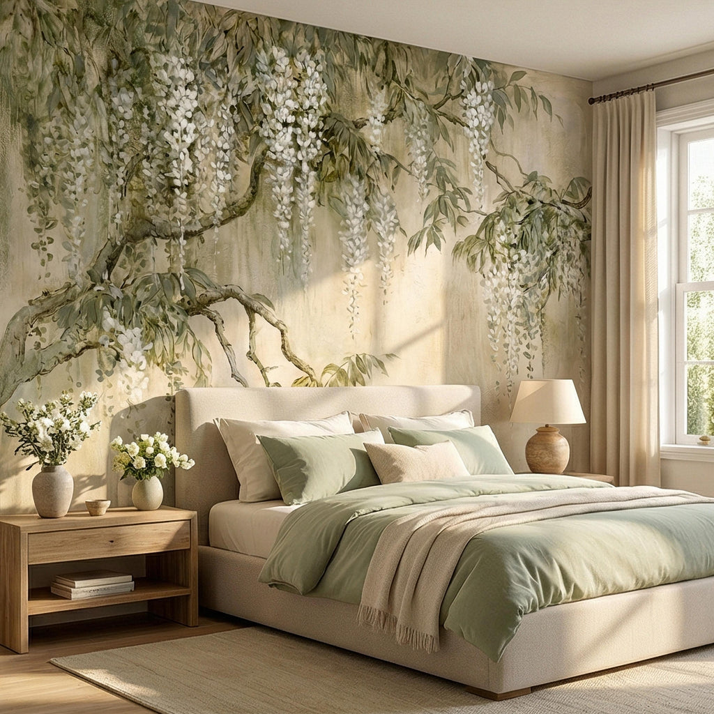 White Wisteria Peel and Stick Wall Mural, Hand Painted Botanical Fresco, Soft Sage Beige Floral Wallpaper