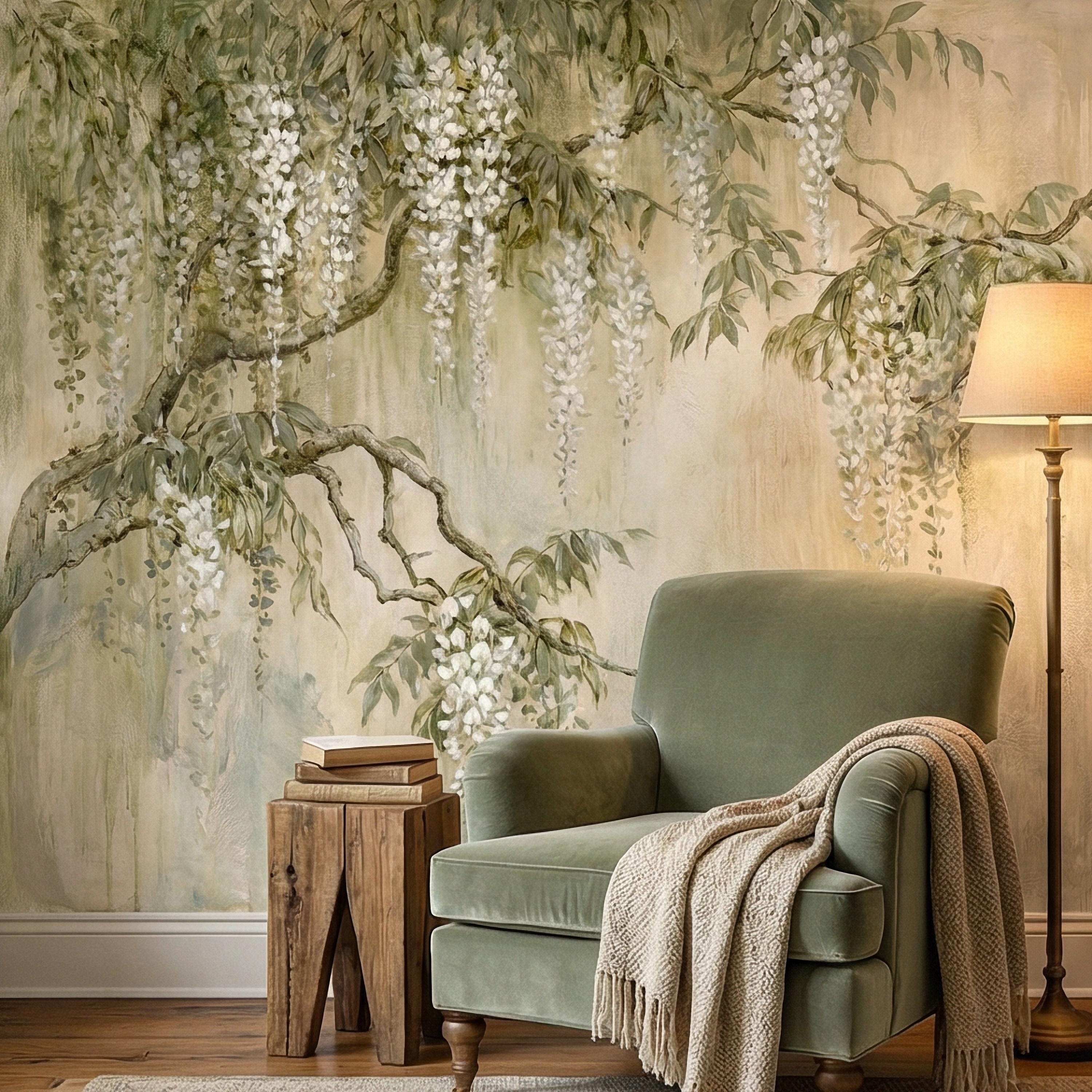 White Wisteria Peel and Stick Wall Mural, Hand Painted Botanical Fresco, Soft Sage Beige Floral Wallpaper