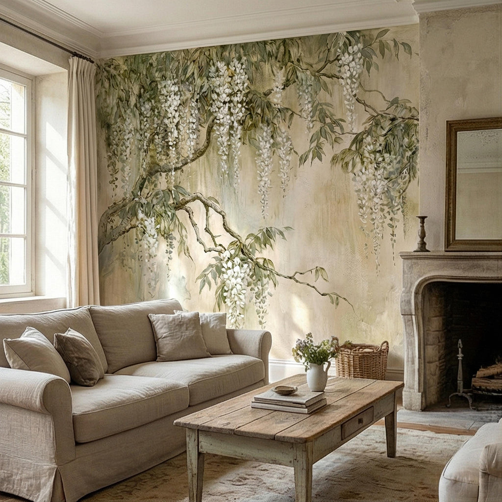 White Wisteria Peel and Stick Wall Mural, Hand Painted Botanical Fresco, Soft Sage Beige Floral Wallpaper