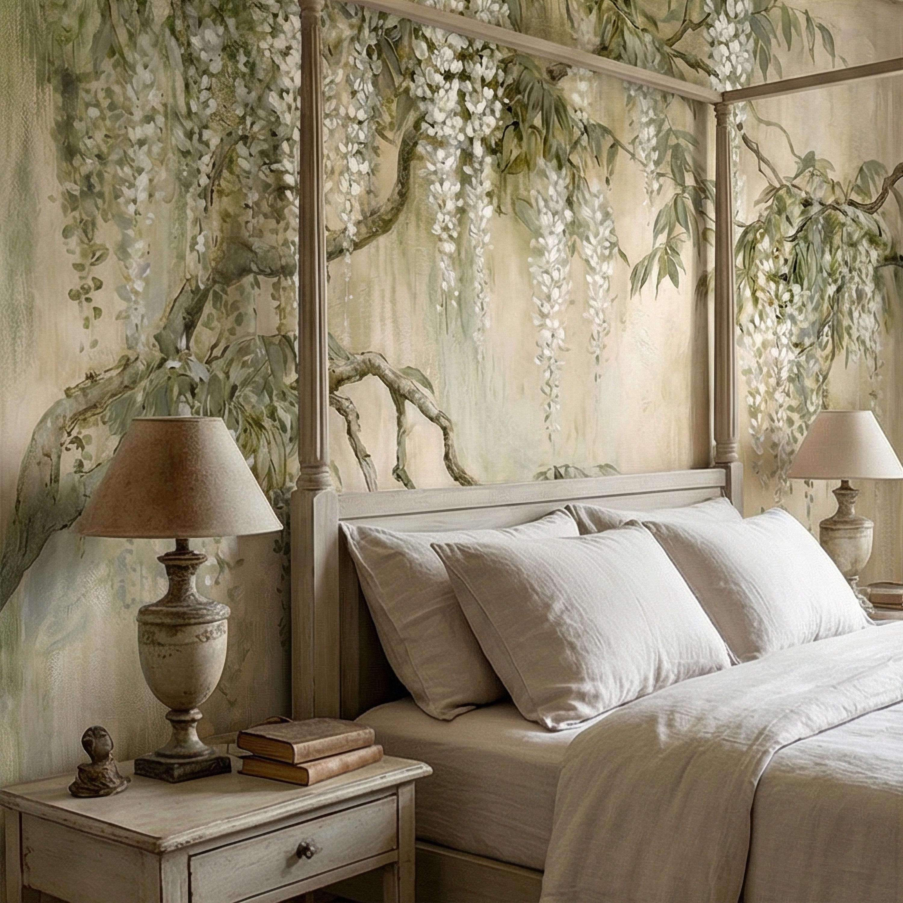 White Wisteria Peel and Stick Wall Mural, Hand Painted Botanical Fresco, Soft Sage Beige Floral Wallpaper