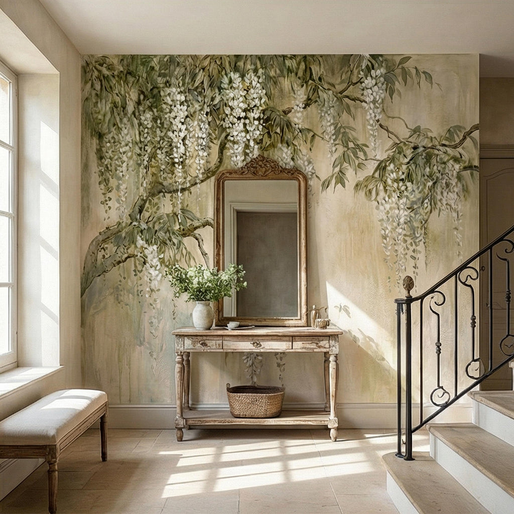 White Wisteria Peel and Stick Wall Mural, Hand Painted Botanical Fresco, Soft Sage Beige Floral Wallpaper