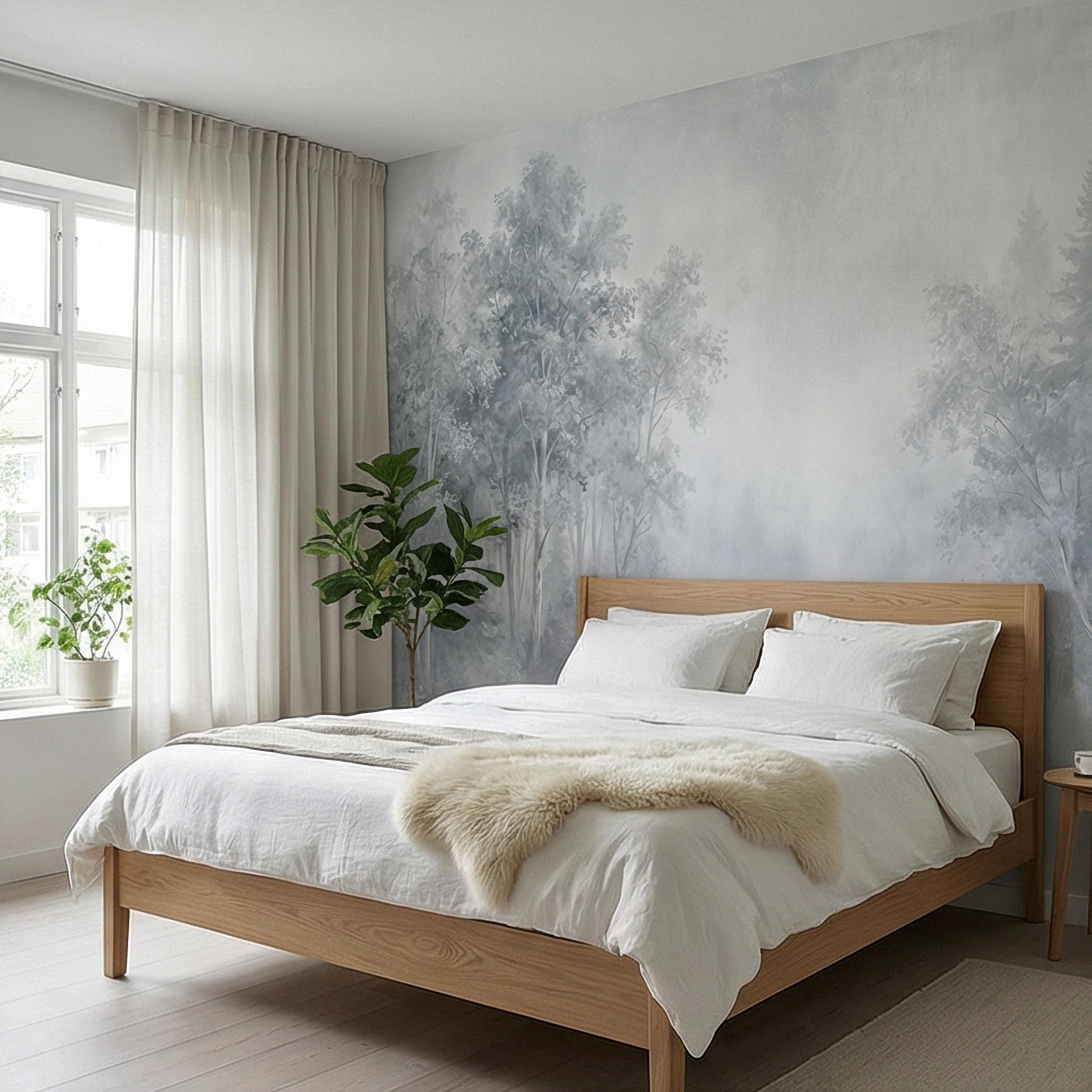 Misty Blue Forest Peel and Stick Wall Mural, Soft Woodland Lake Landscape, Serene Foggy Nature Wallpaper