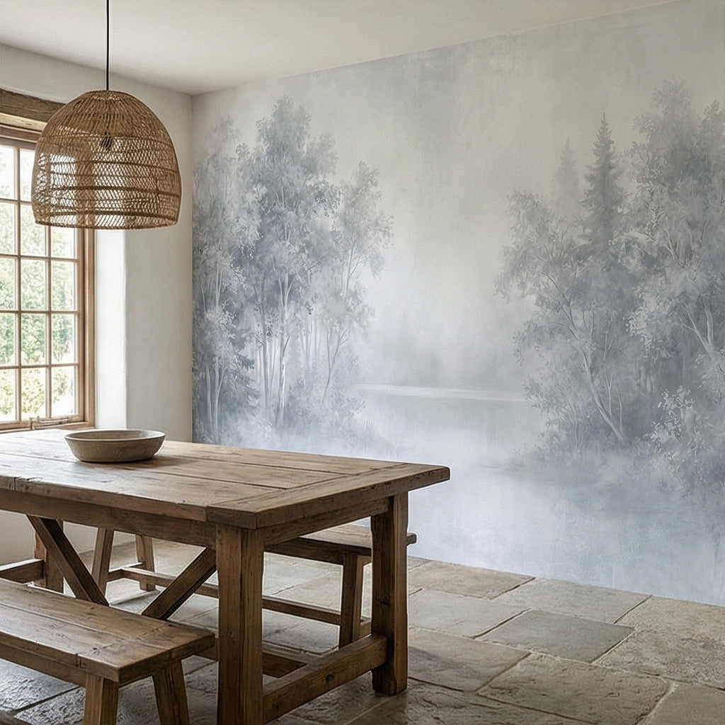 Misty Blue Forest Peel and Stick Wall Mural, Soft Woodland Lake Landscape, Serene Foggy Nature Wallpaper