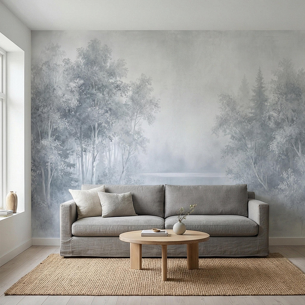 Misty Blue Forest Peel and Stick Wall Mural, Soft Woodland Lake Landscape, Serene Foggy Nature Wallpaper