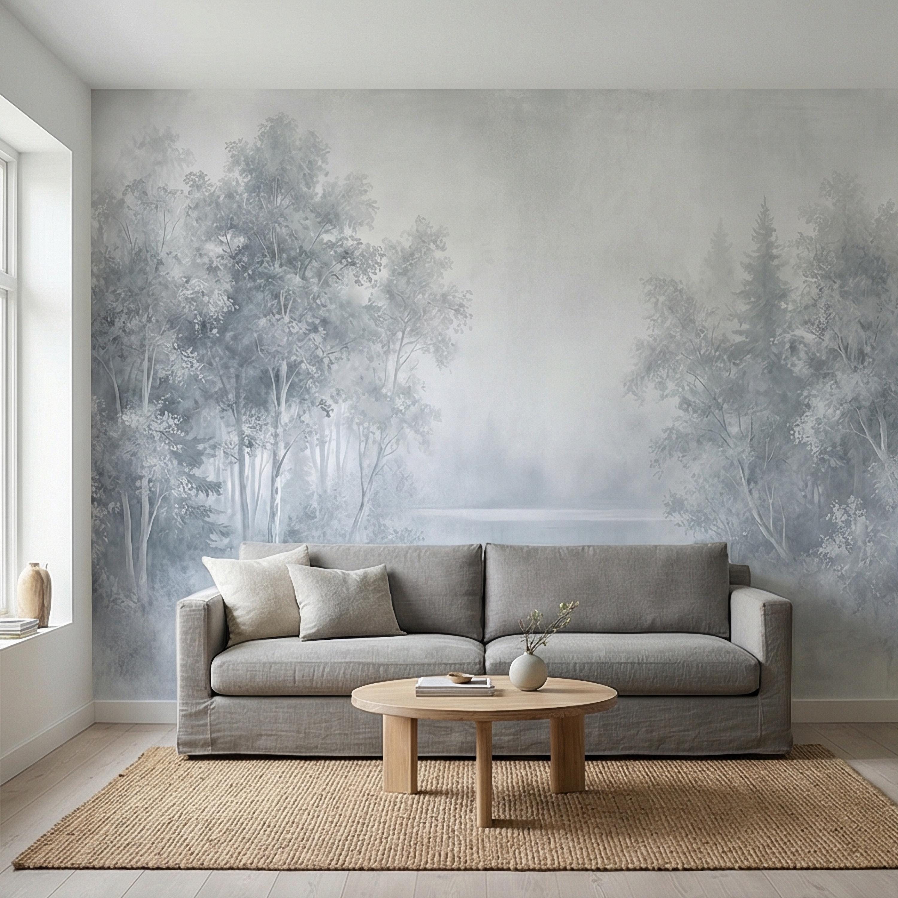 Misty Blue Forest Peel and Stick Wall Mural, Soft Woodland Lake Landscape, Serene Foggy Nature Wallpaper