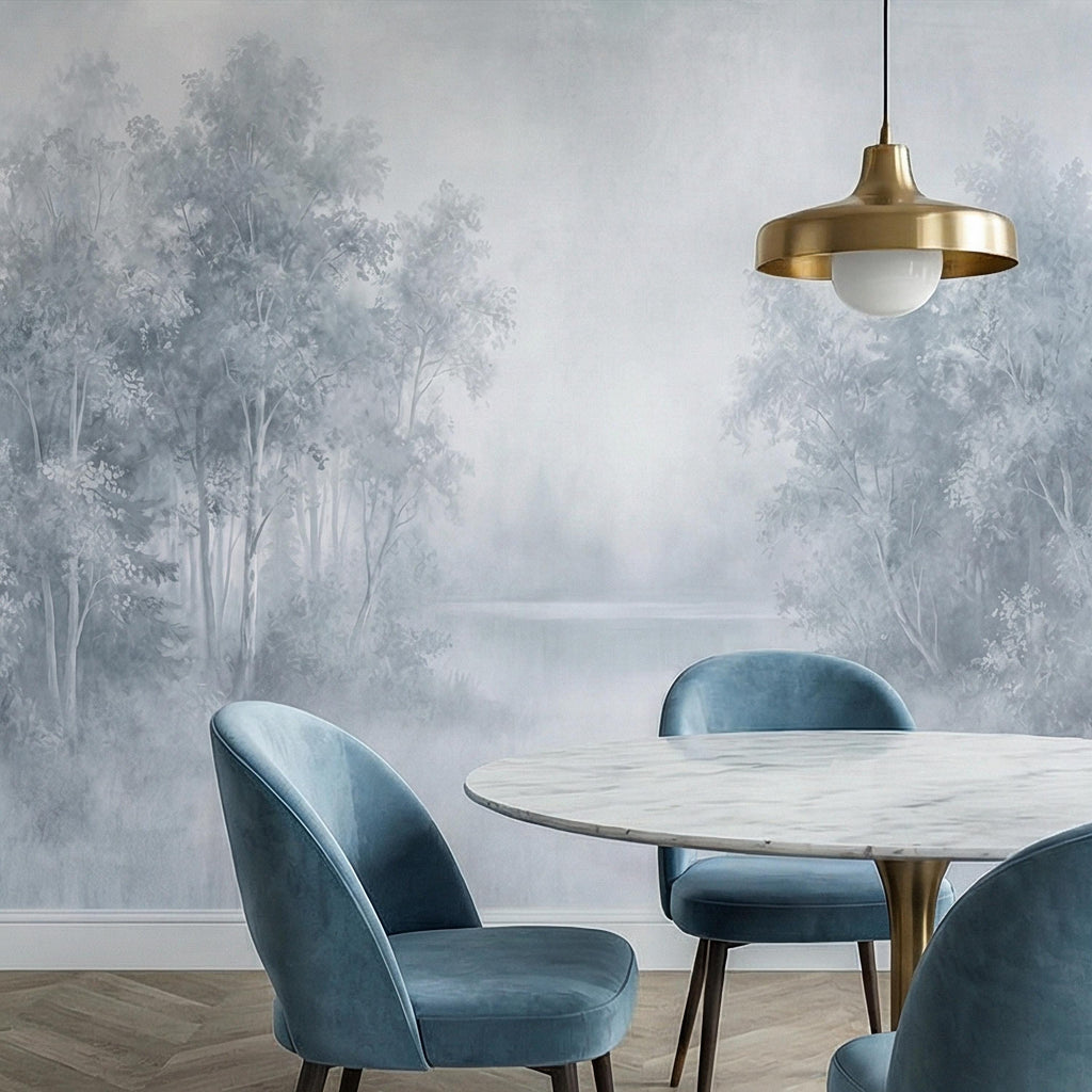Misty Blue Forest Peel and Stick Wall Mural, Soft Woodland Lake Landscape, Serene Foggy Nature Wallpaper