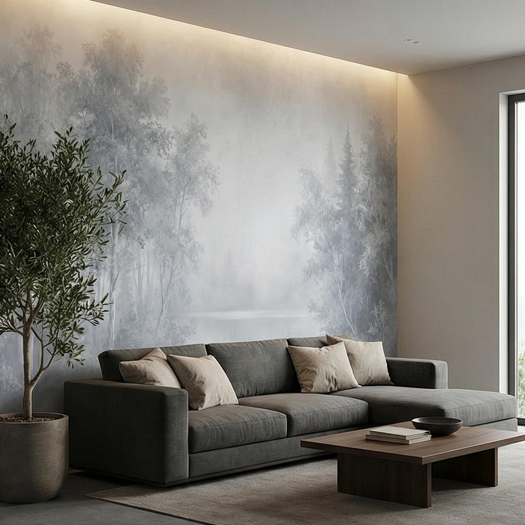 Misty Blue Forest Peel and Stick Wall Mural, Soft Woodland Lake Landscape, Serene Foggy Nature Wallpaper