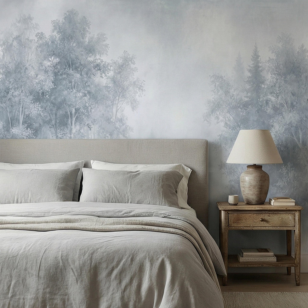Misty Blue Forest Peel and Stick Wall Mural, Soft Woodland Lake Landscape, Serene Foggy Nature Wallpaper