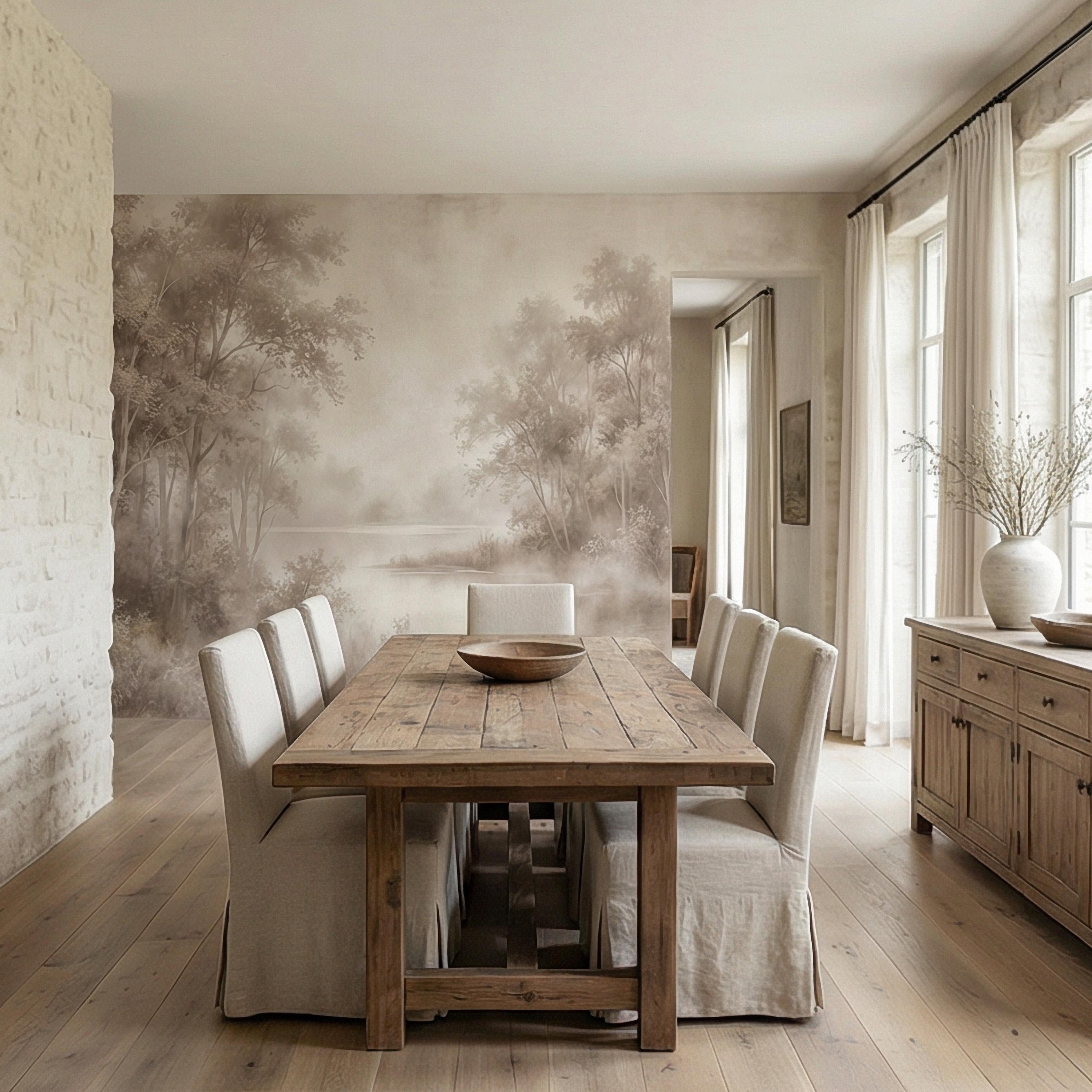 Sepia Misty Forest Peel and Stick Wall Mural, Soft Woodland Lake Landscape, Antique Foggy Nature Wallpaper