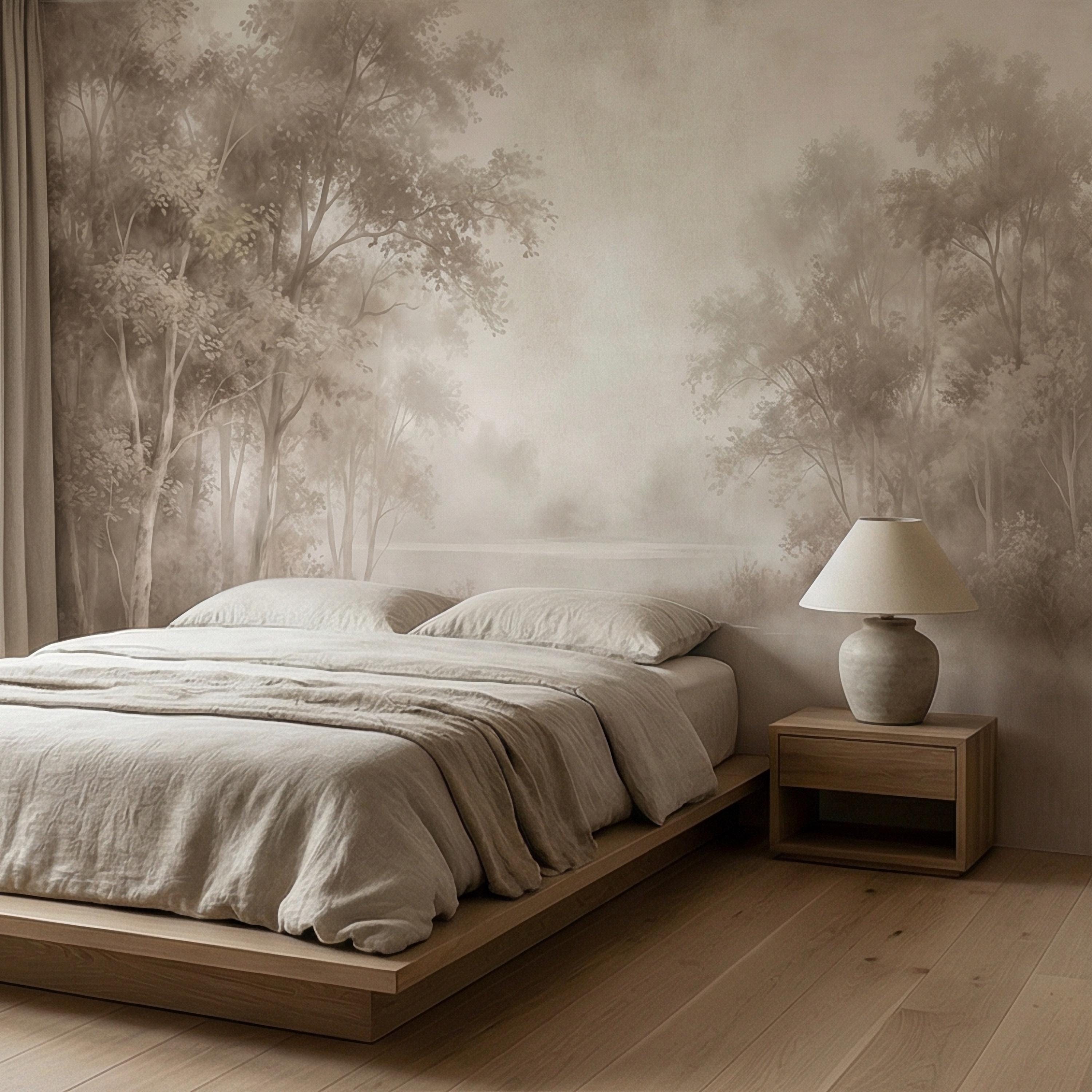 Sepia Misty Forest Peel and Stick Wall Mural, Soft Woodland Lake Landscape, Antique Foggy Nature Wallpaper