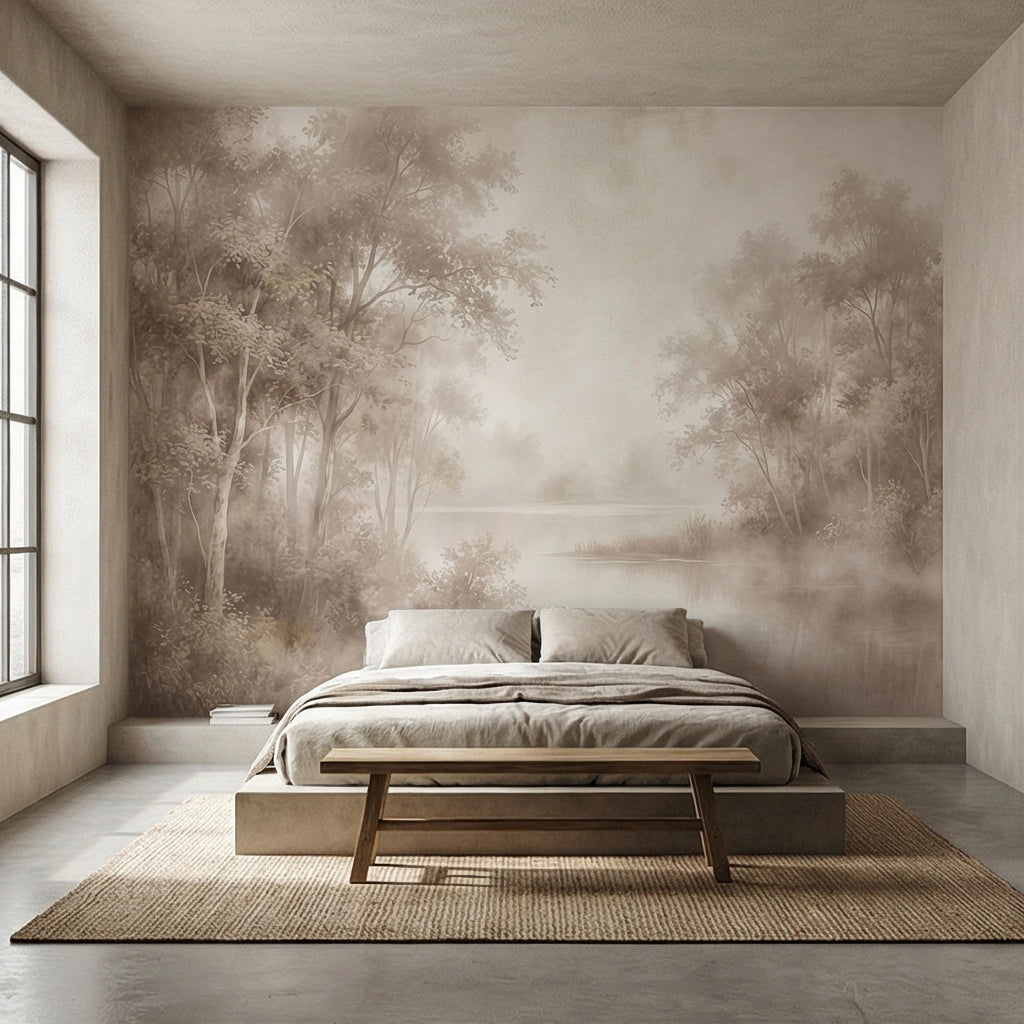 Sepia Misty Forest Peel and Stick Wall Mural, Soft Woodland Lake Landscape, Antique Foggy Nature Wallpaper