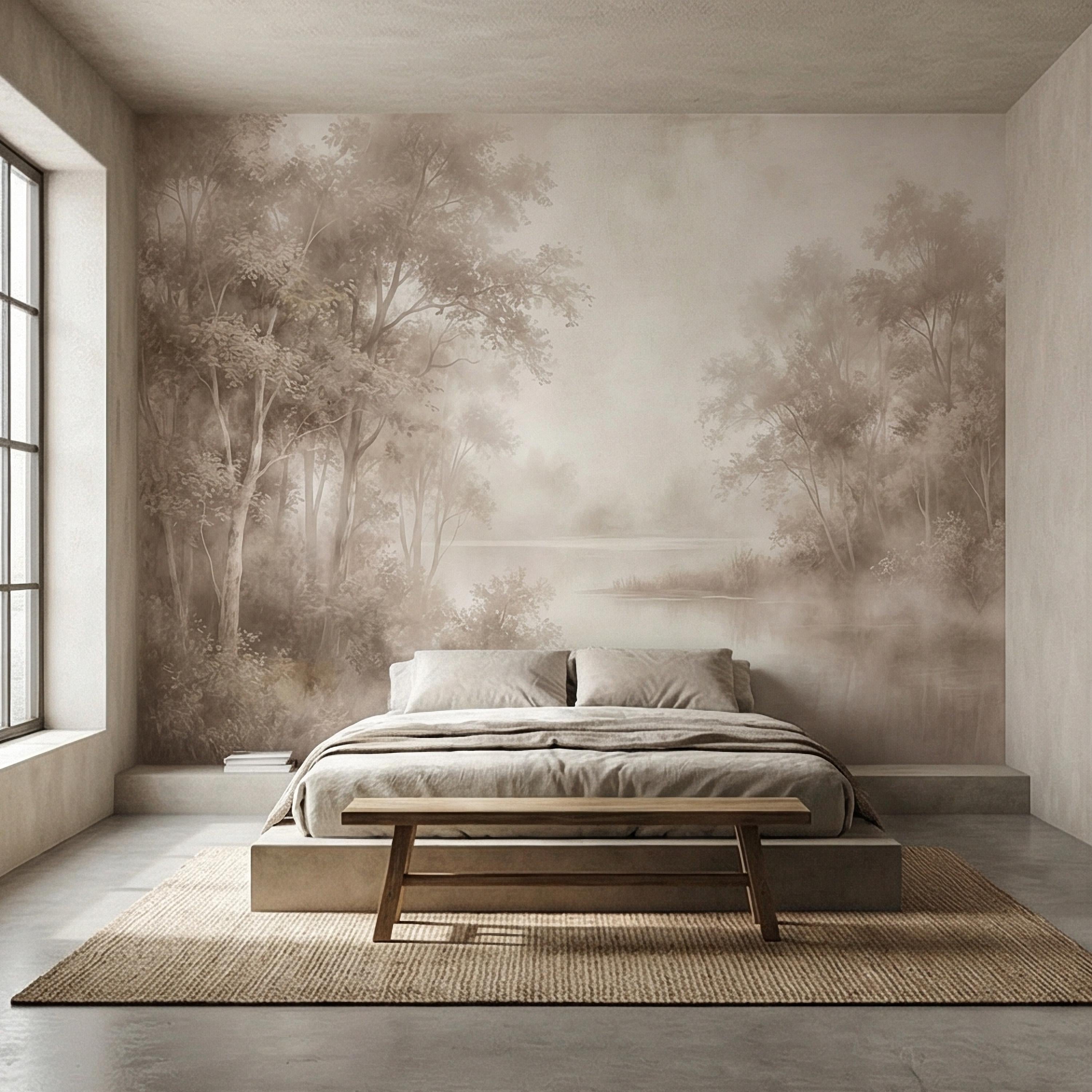 Sepia Misty Forest Peel and Stick Wall Mural, Soft Woodland Lake Landscape, Antique Foggy Nature Wallpaper