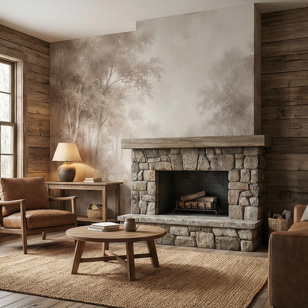 Sepia Misty Forest Peel and Stick Wall Mural, Soft Woodland Lake Landscape, Antique Foggy Nature Wallpaper
