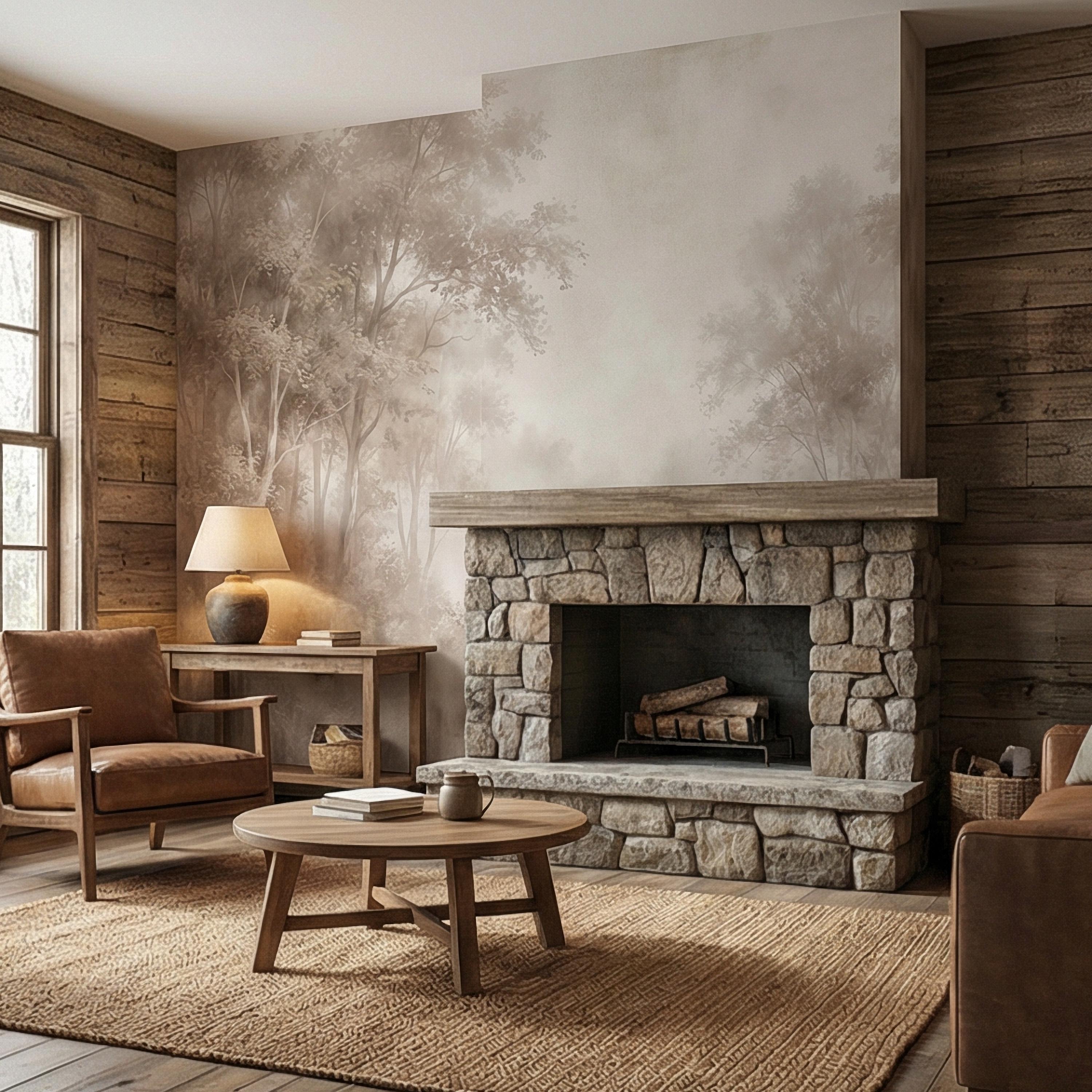 Sepia Misty Forest Peel and Stick Wall Mural, Soft Woodland Lake Landscape, Antique Foggy Nature Wallpaper