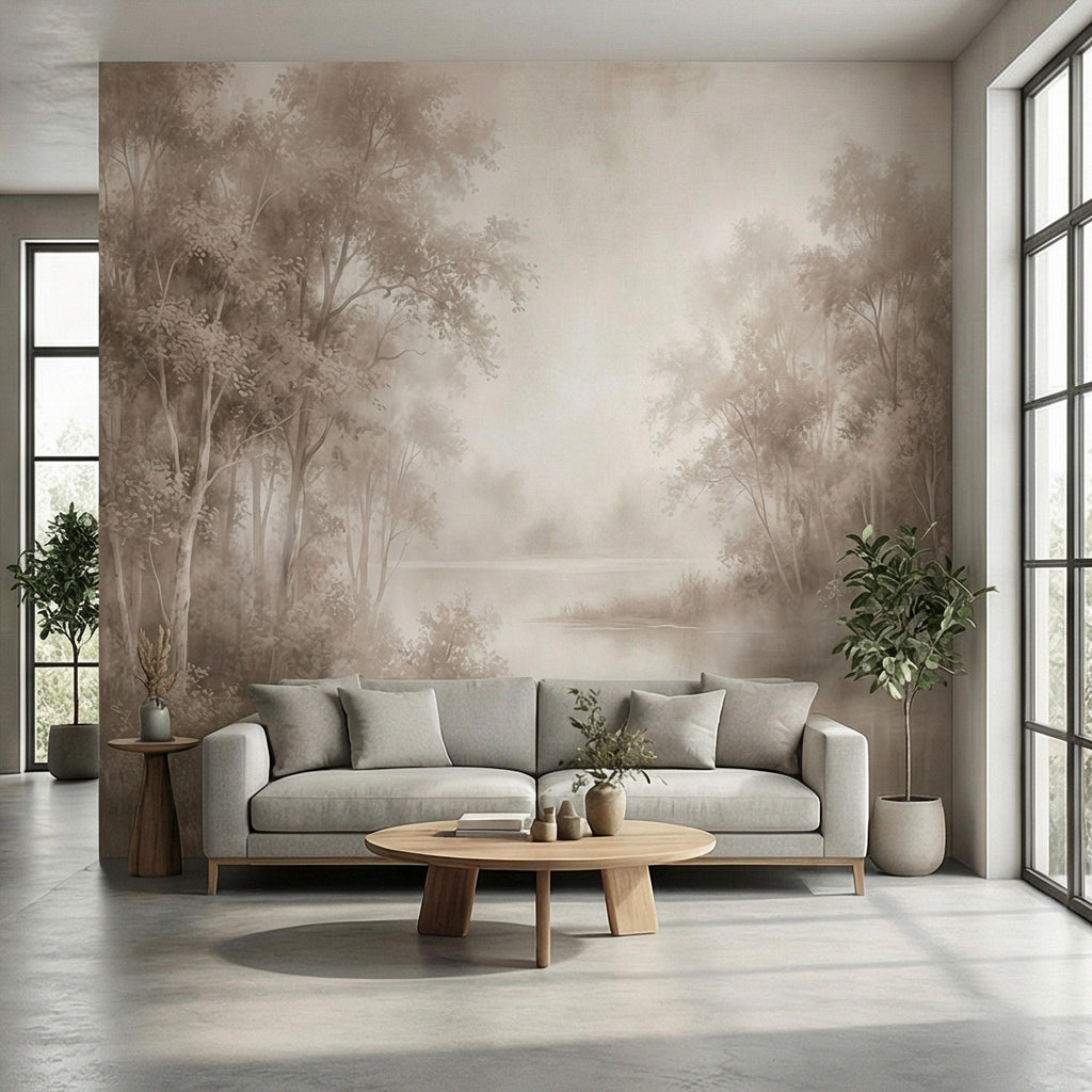 Sepia Misty Forest Peel and Stick Wall Mural, Soft Woodland Lake Landscape, Antique Foggy Nature Wallpaper