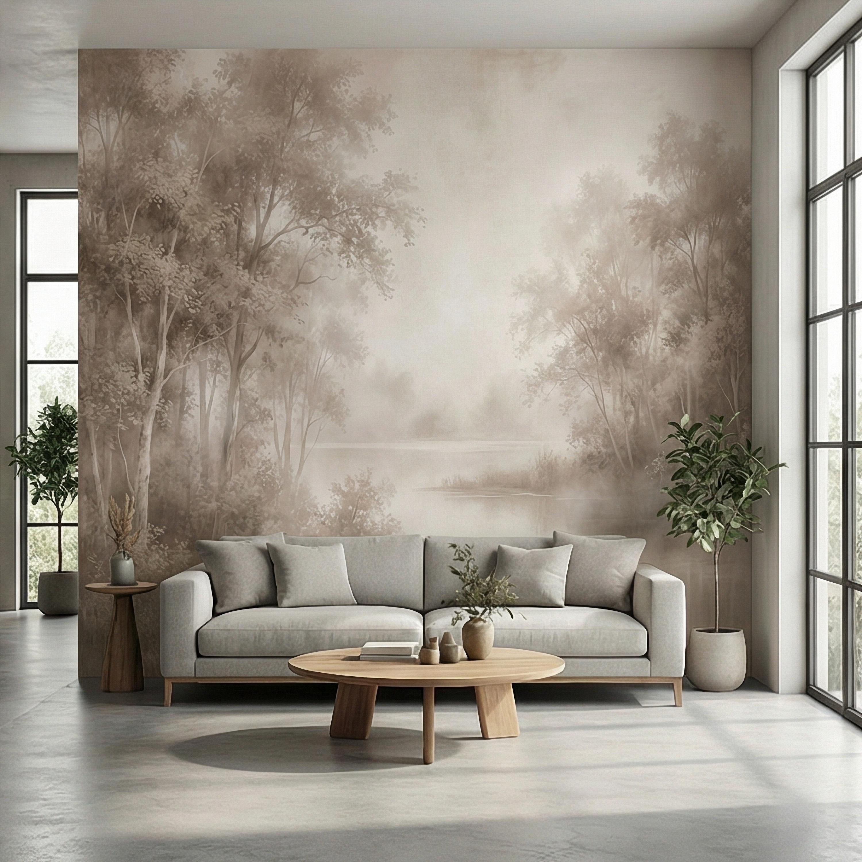 Sepia Misty Forest Peel and Stick Wall Mural, Soft Woodland Lake Landscape, Antique Foggy Nature Wallpaper