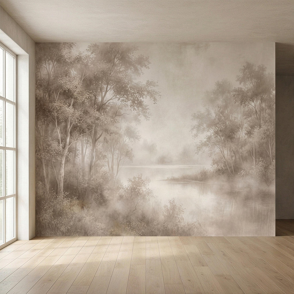 Sepia Misty Forest Peel and Stick Wall Mural, Soft Woodland Lake Landscape, Antique Foggy Nature Wallpaper