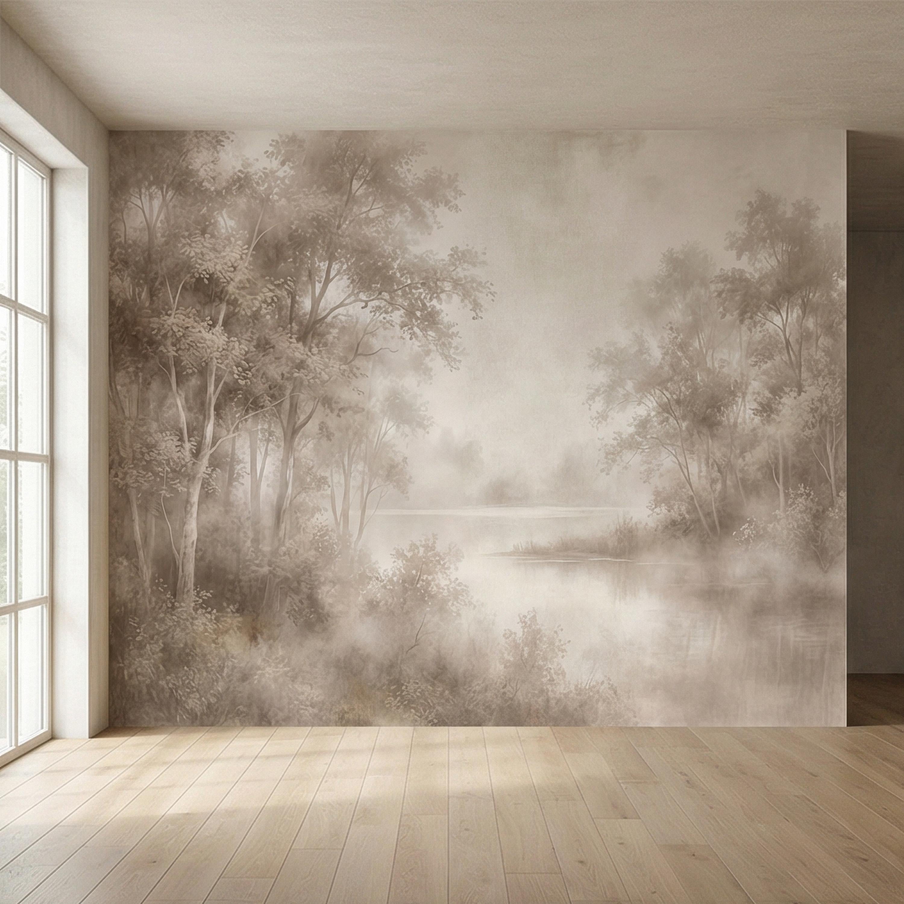 Sepia Misty Forest Peel and Stick Wall Mural, Soft Woodland Lake Landscape, Antique Foggy Nature Wallpaper