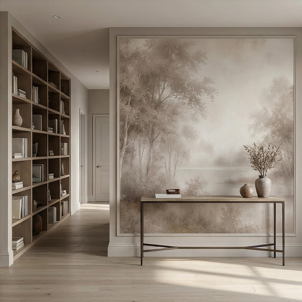 Sepia Misty Forest Peel and Stick Wall Mural, Soft Woodland Lake Landscape, Antique Foggy Nature Wallpaper