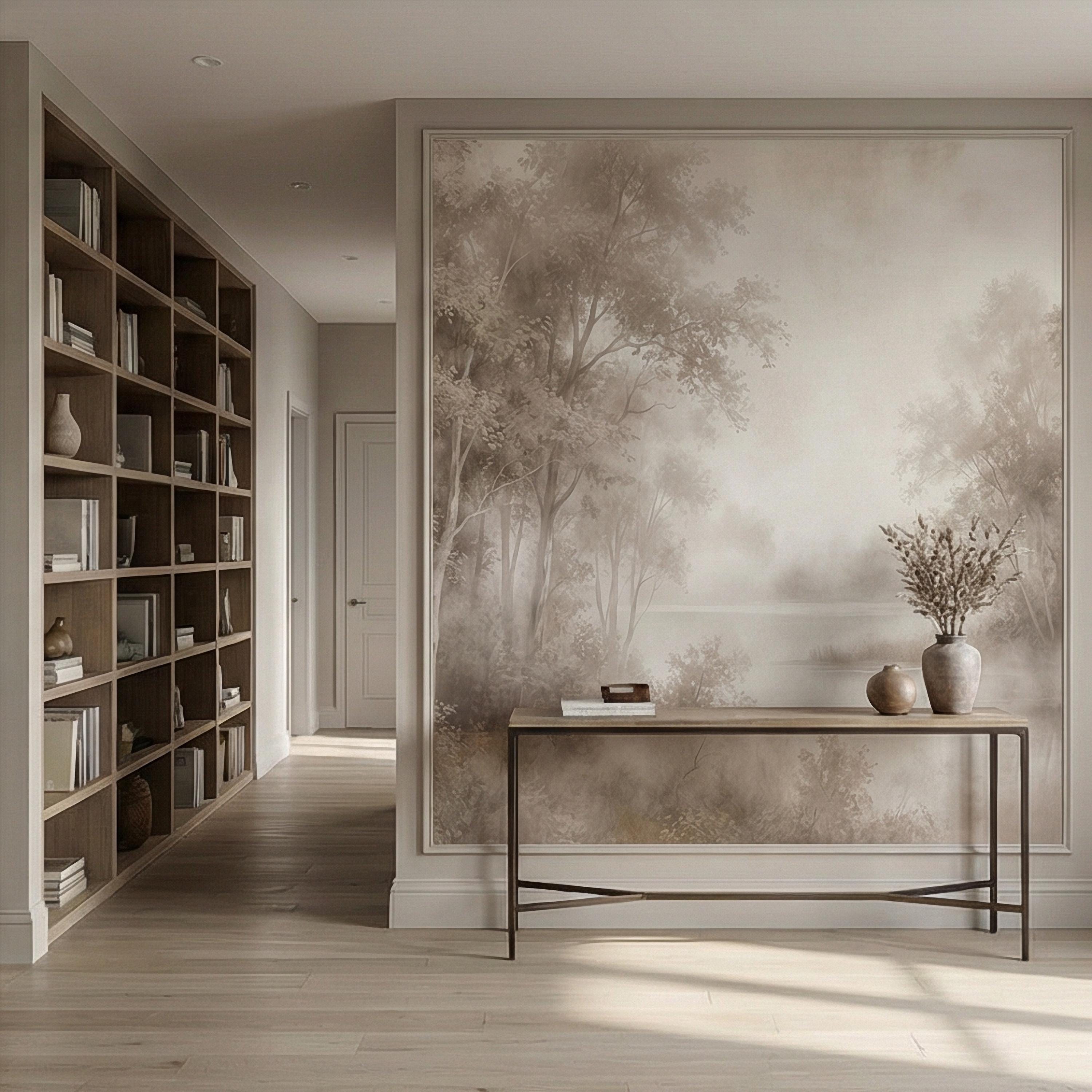 Sepia Misty Forest Peel and Stick Wall Mural, Soft Woodland Lake Landscape, Antique Foggy Nature Wallpaper