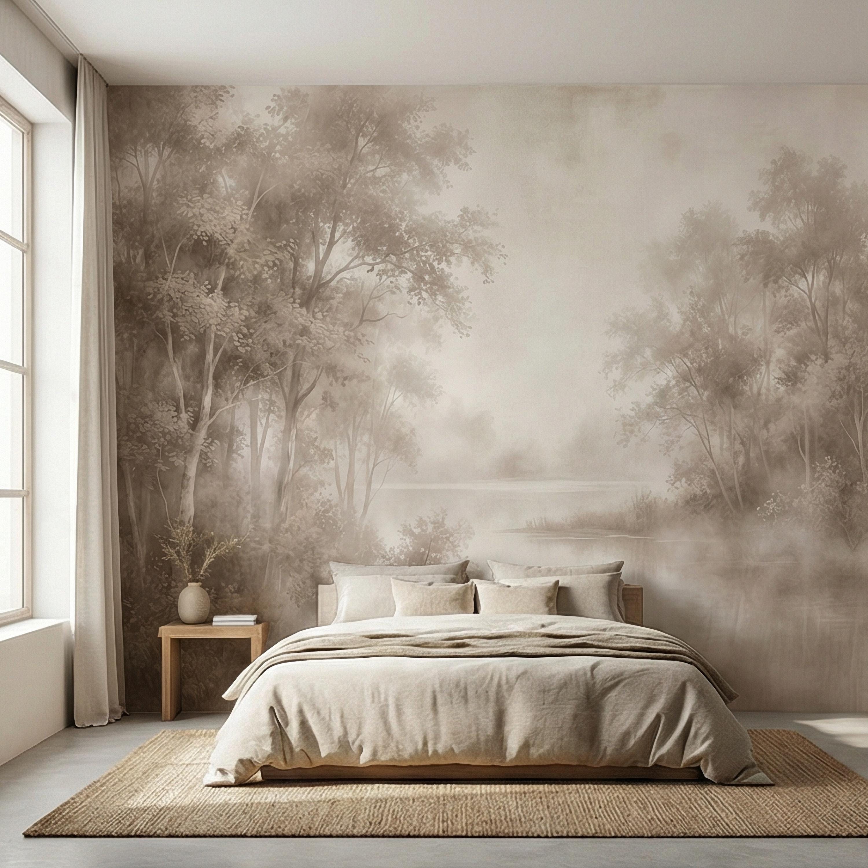 Sepia Misty Forest Peel and Stick Wall Mural, Soft Woodland Lake Landscape, Antique Foggy Nature Wallpaper