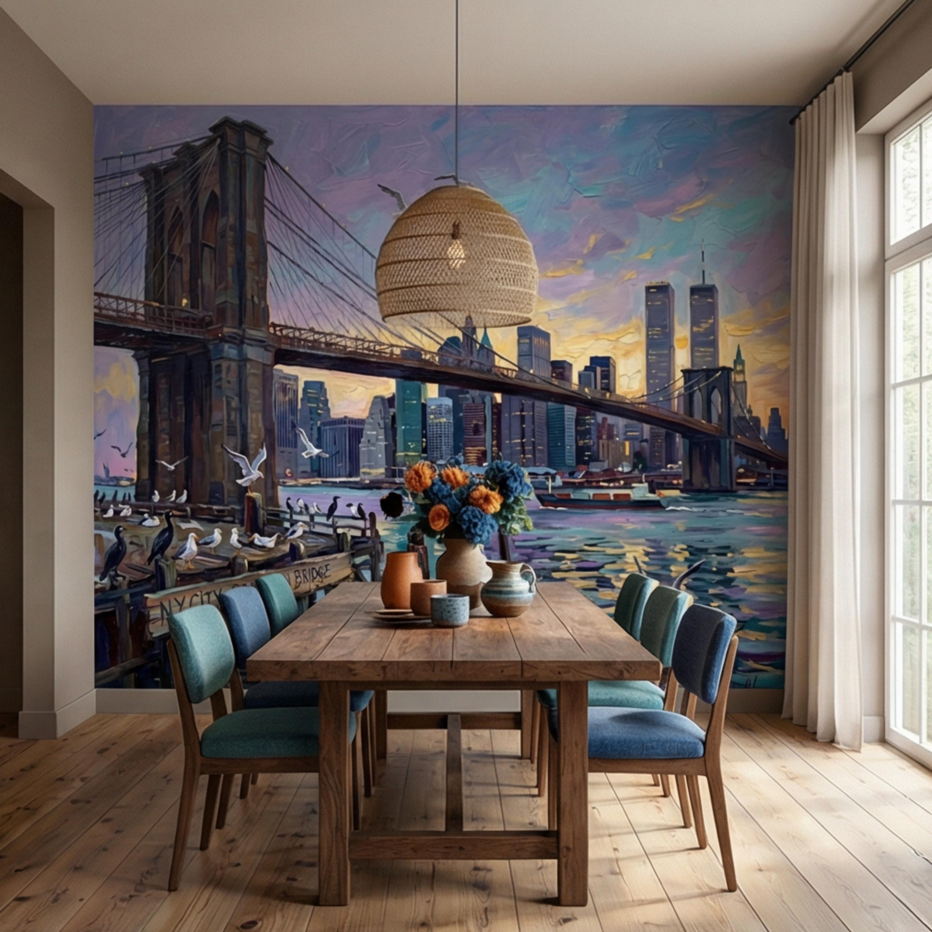 Brooklyn Bridge NYC Sunset Oil Painting Peel and Stick Wall Mural, New York City Skyline Wallpaper, Urban Cityscape Wall Decor