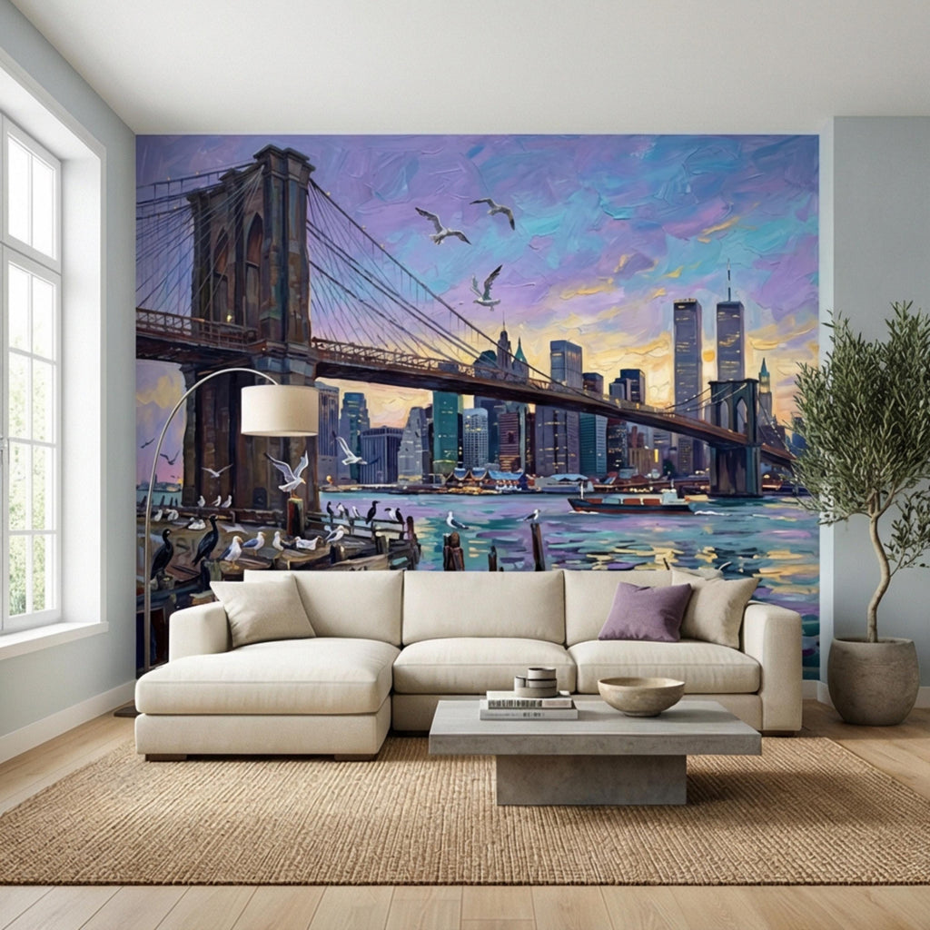 Brooklyn Bridge NYC Sunset Oil Painting Peel and Stick Wall Mural, New York City Skyline Wallpaper, Urban Cityscape Wall Decor