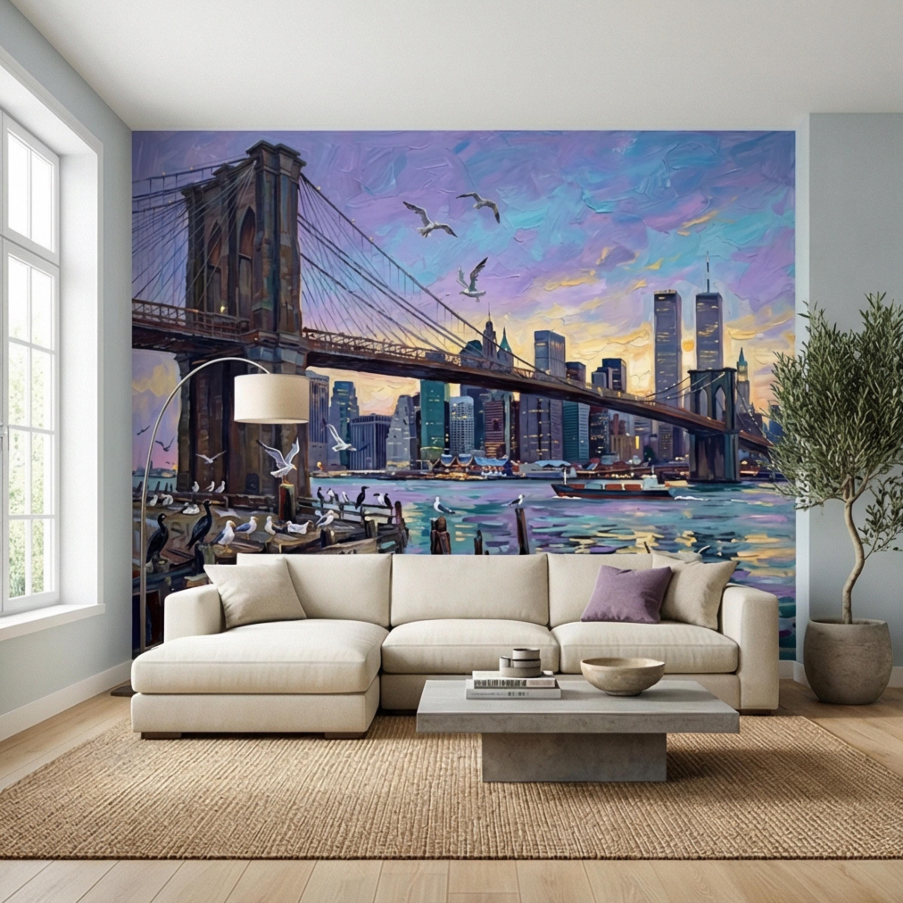 Brooklyn Bridge NYC Sunset Oil Painting Peel and Stick Wall Mural, New York City Skyline Wallpaper, Urban Cityscape Wall Decor