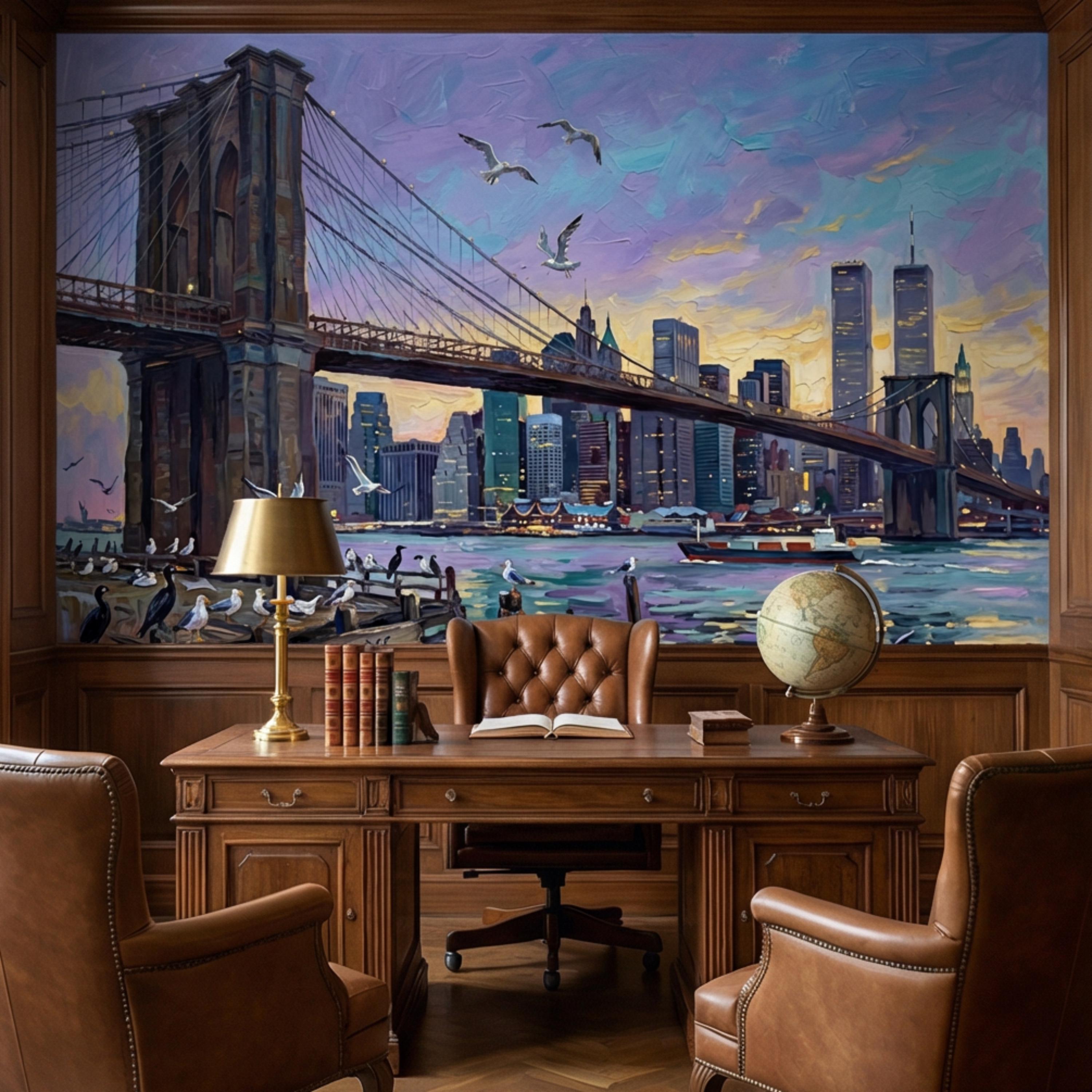 Brooklyn Bridge NYC Sunset Oil Painting Peel and Stick Wall Mural, New York City Skyline Wallpaper, Urban Cityscape Wall Decor