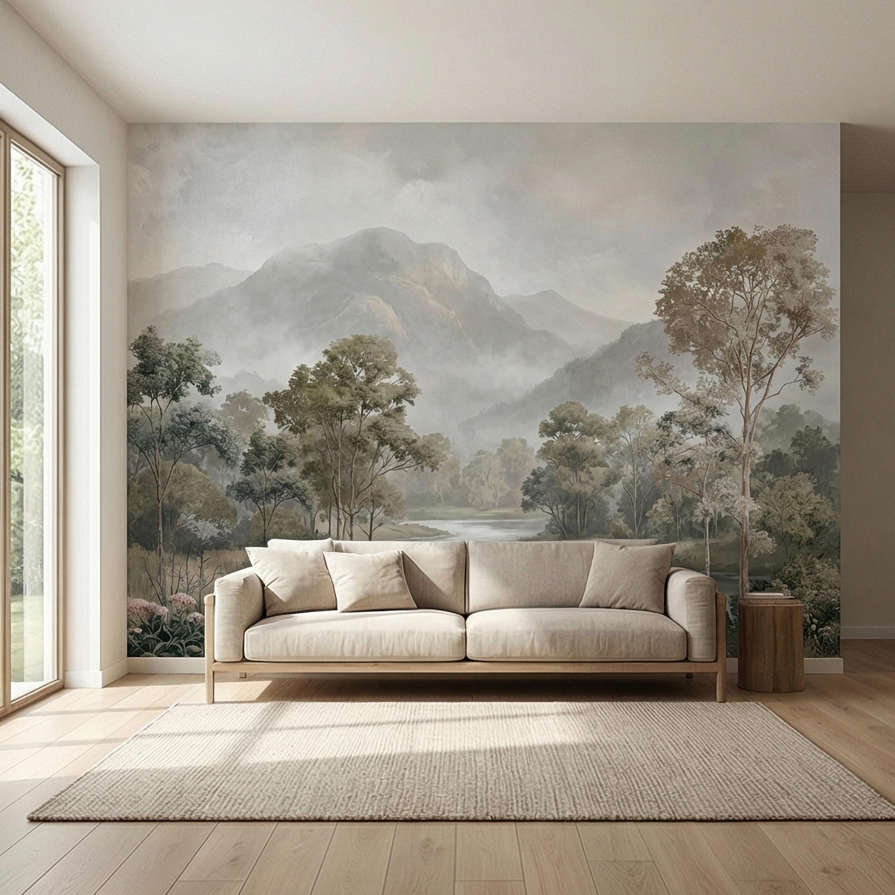 Misty Mountain Landscape Peel and Stick Wall Mural, Soft River Valley Forest, Neutral Woodland Lake Scenic Wallpaper