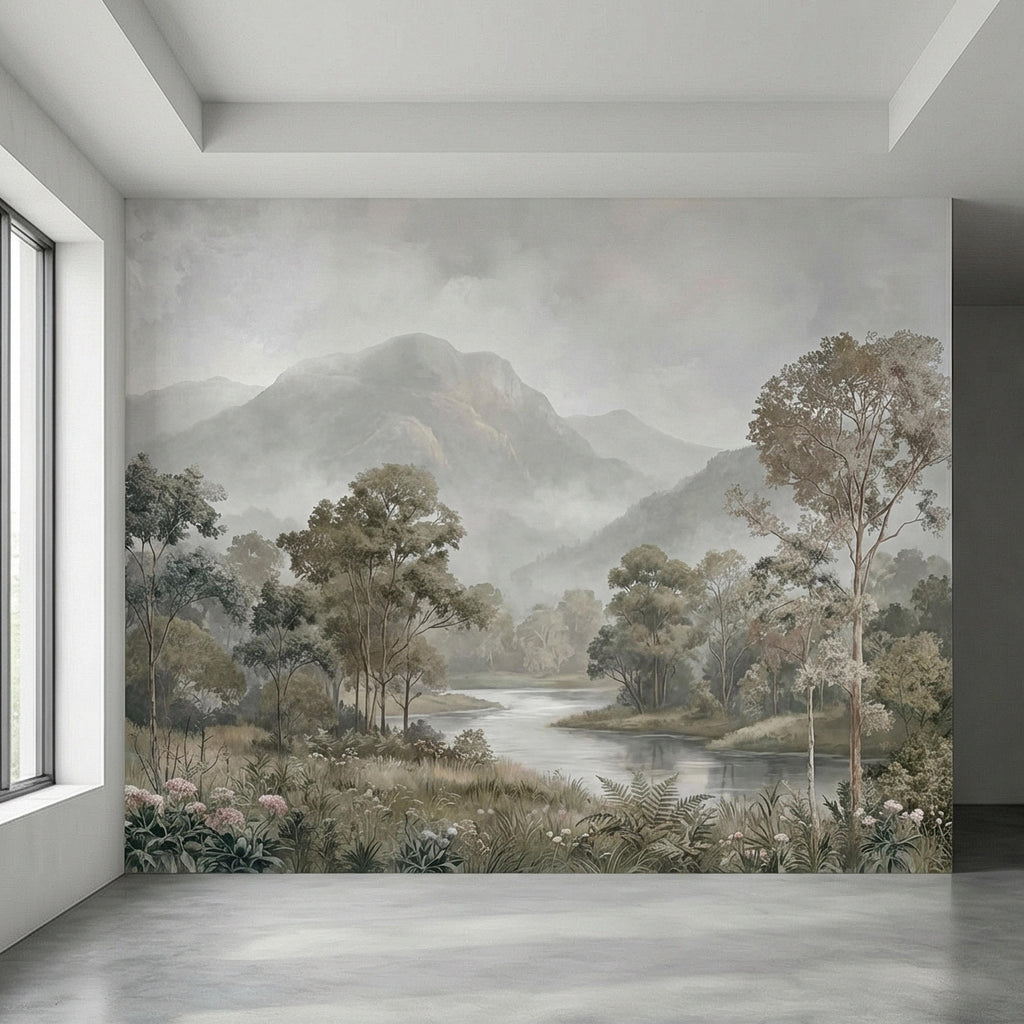 Misty Mountain Landscape Peel and Stick Wall Mural, Soft River Valley Forest, Neutral Woodland Lake Scenic Wallpaper