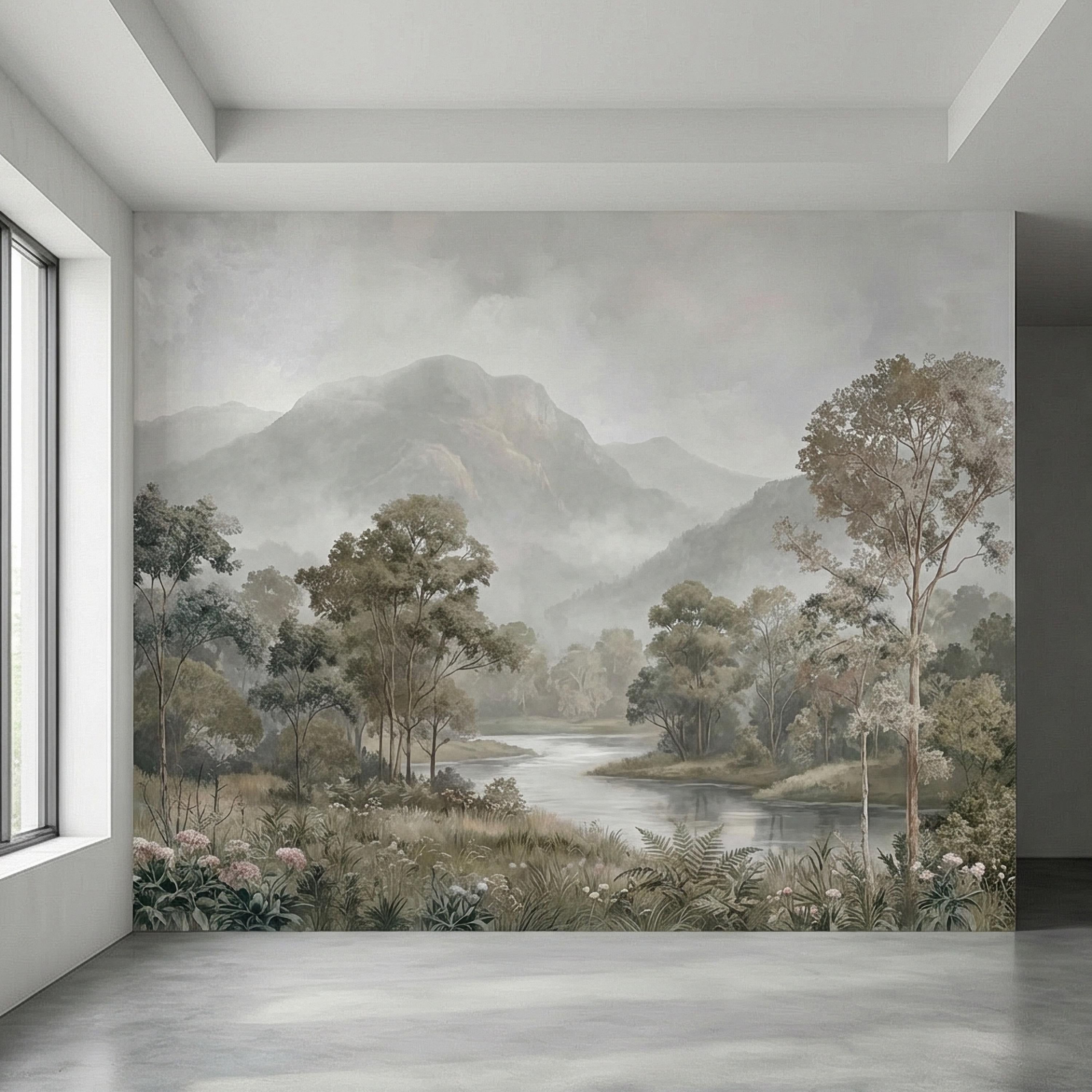Misty Mountain Landscape Peel and Stick Wall Mural, Soft River Valley Forest, Neutral Woodland Lake Scenic Wallpaper