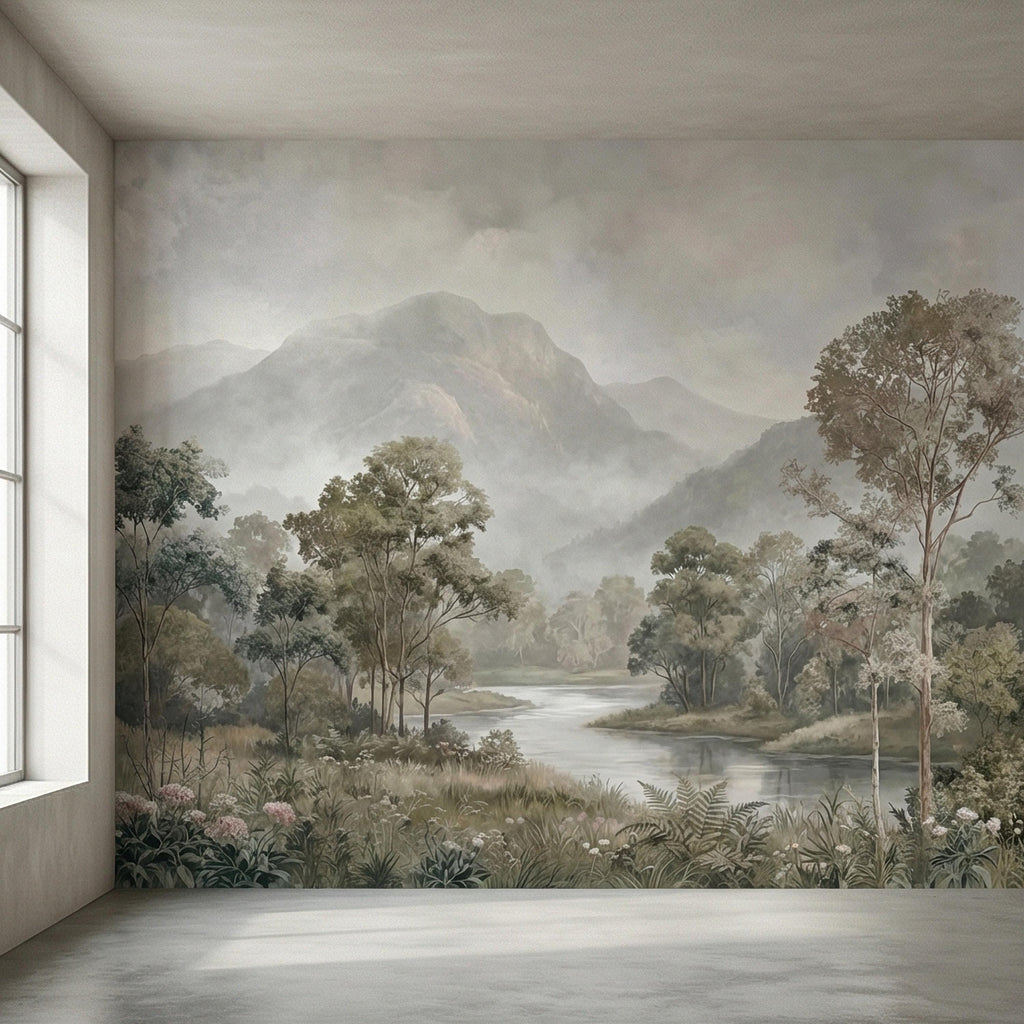 Misty Mountain Landscape Peel and Stick Wall Mural, Soft River Valley Forest, Neutral Woodland Lake Scenic Wallpaper