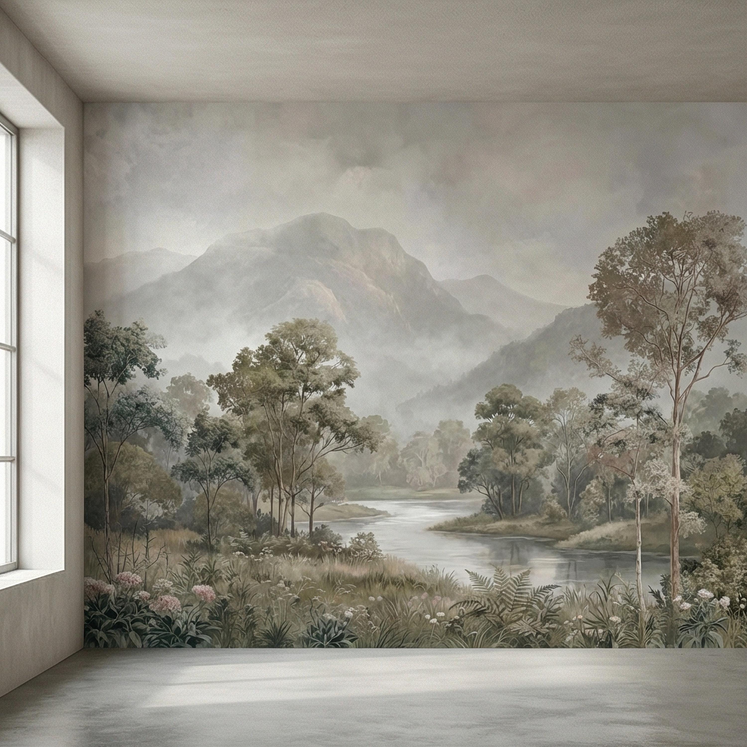 Misty Mountain Landscape Peel and Stick Wall Mural, Soft River Valley Forest, Neutral Woodland Lake Scenic Wallpaper