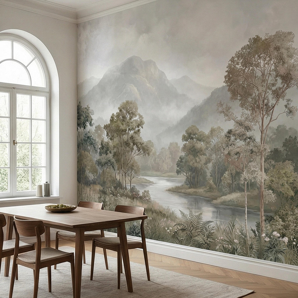 Misty Mountain Landscape Peel and Stick Wall Mural, Soft River Valley Forest, Neutral Woodland Lake Scenic Wallpaper