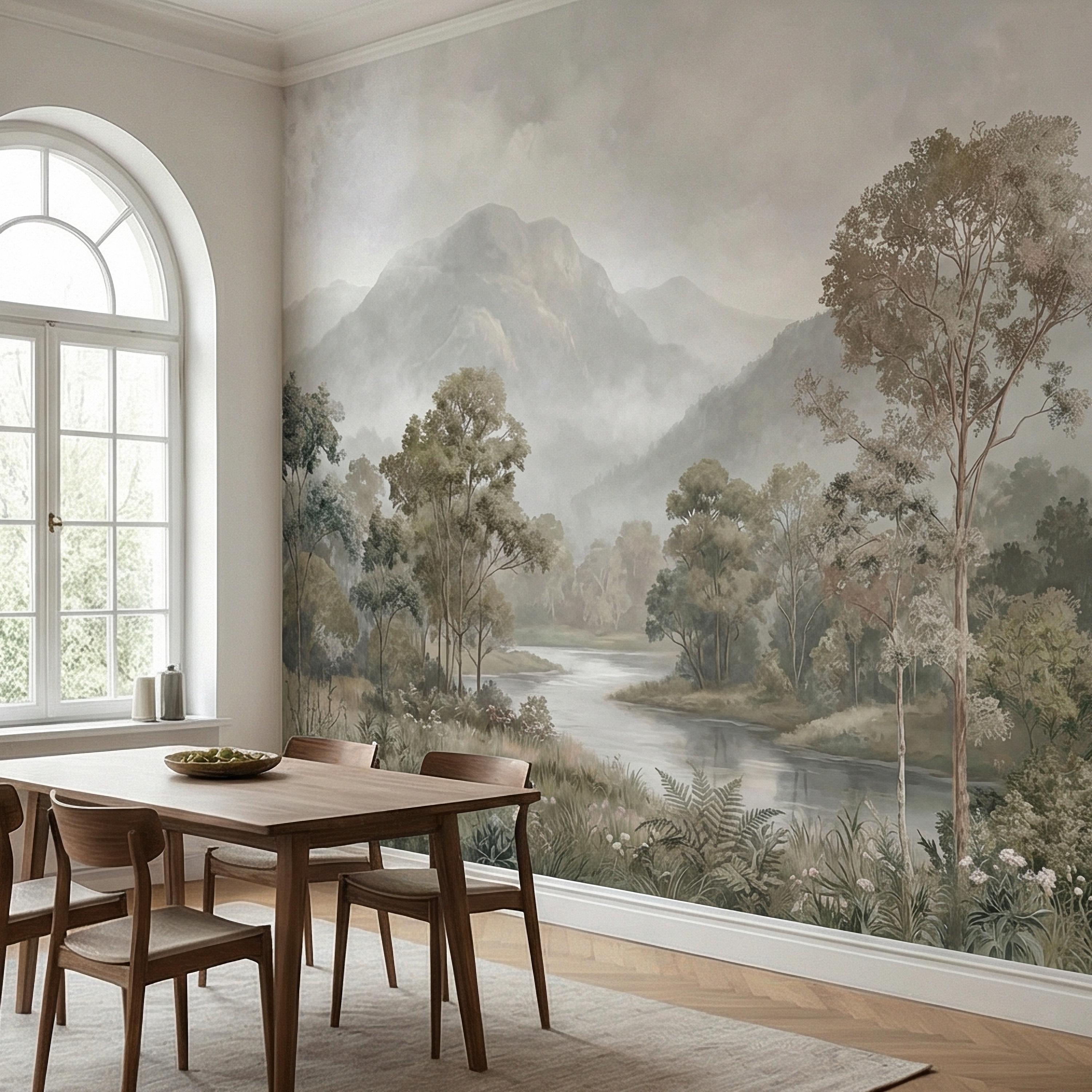Misty Mountain Landscape Peel and Stick Wall Mural, Soft River Valley Forest, Neutral Woodland Lake Scenic Wallpaper