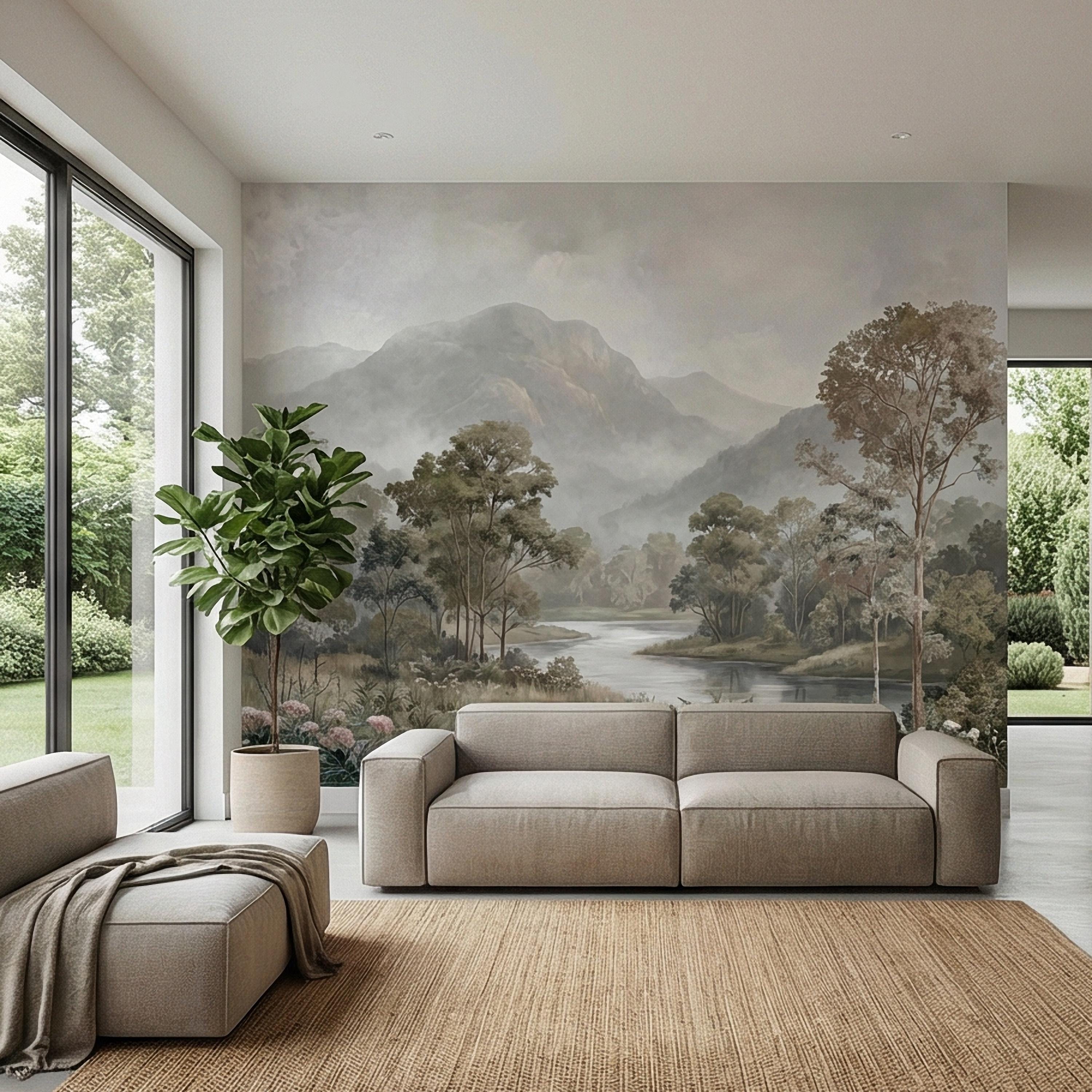 Misty Mountain Landscape Peel and Stick Wall Mural, Soft River Valley Forest, Neutral Woodland Lake Scenic Wallpaper
