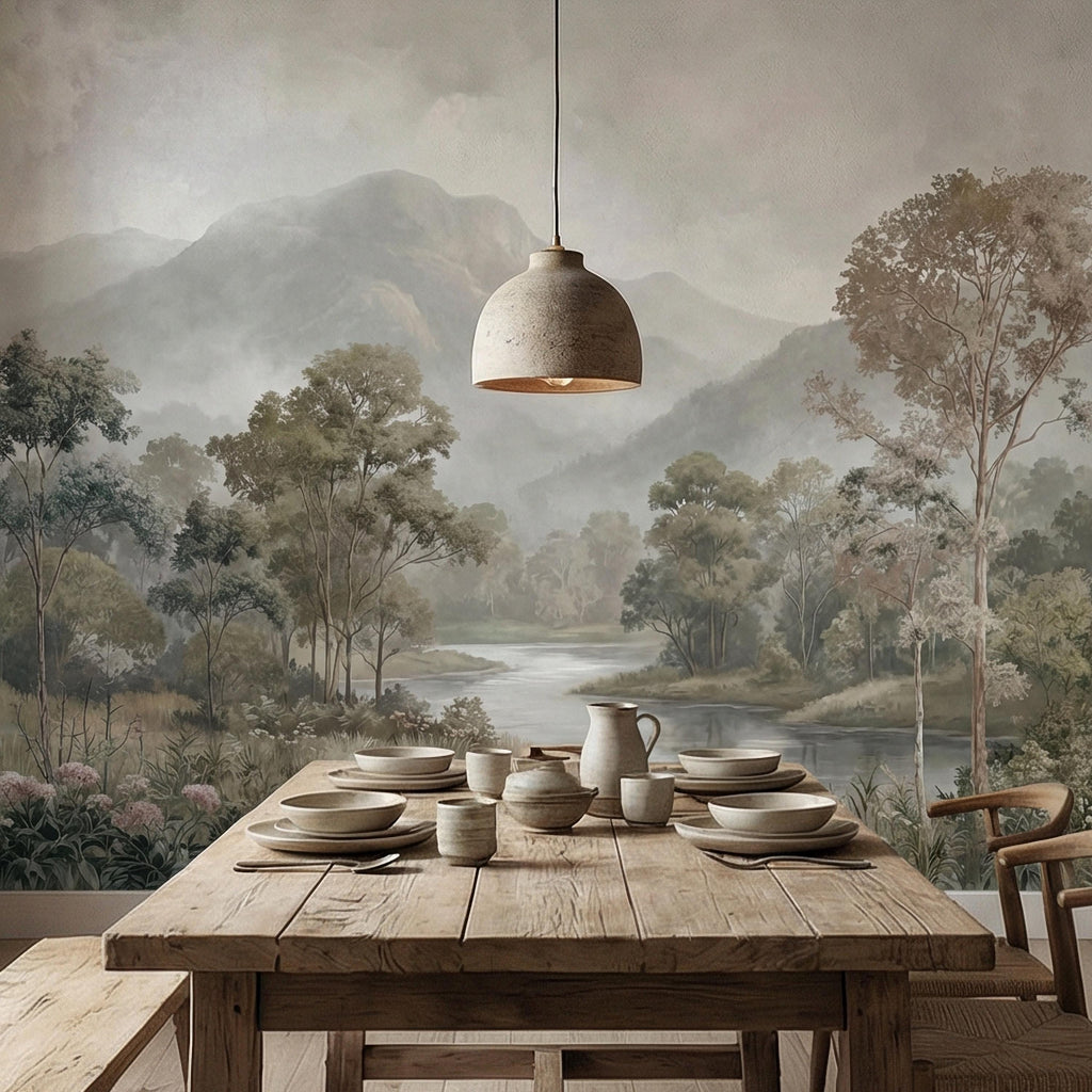 Misty Mountain Landscape Peel and Stick Wall Mural, Soft River Valley Forest, Neutral Woodland Lake Scenic Wallpaper