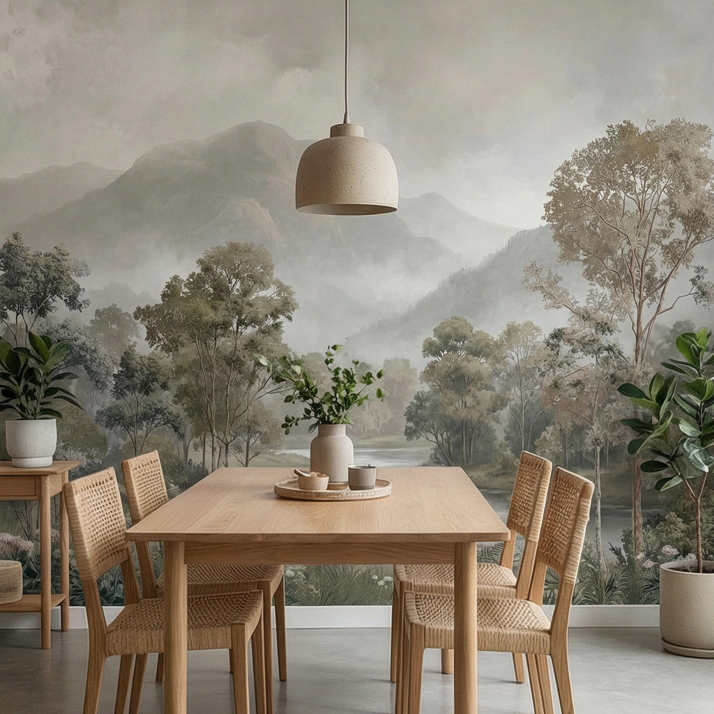 Misty Mountain Landscape Peel and Stick Wall Mural, Soft River Valley Forest, Neutral Woodland Lake Scenic Wallpaper