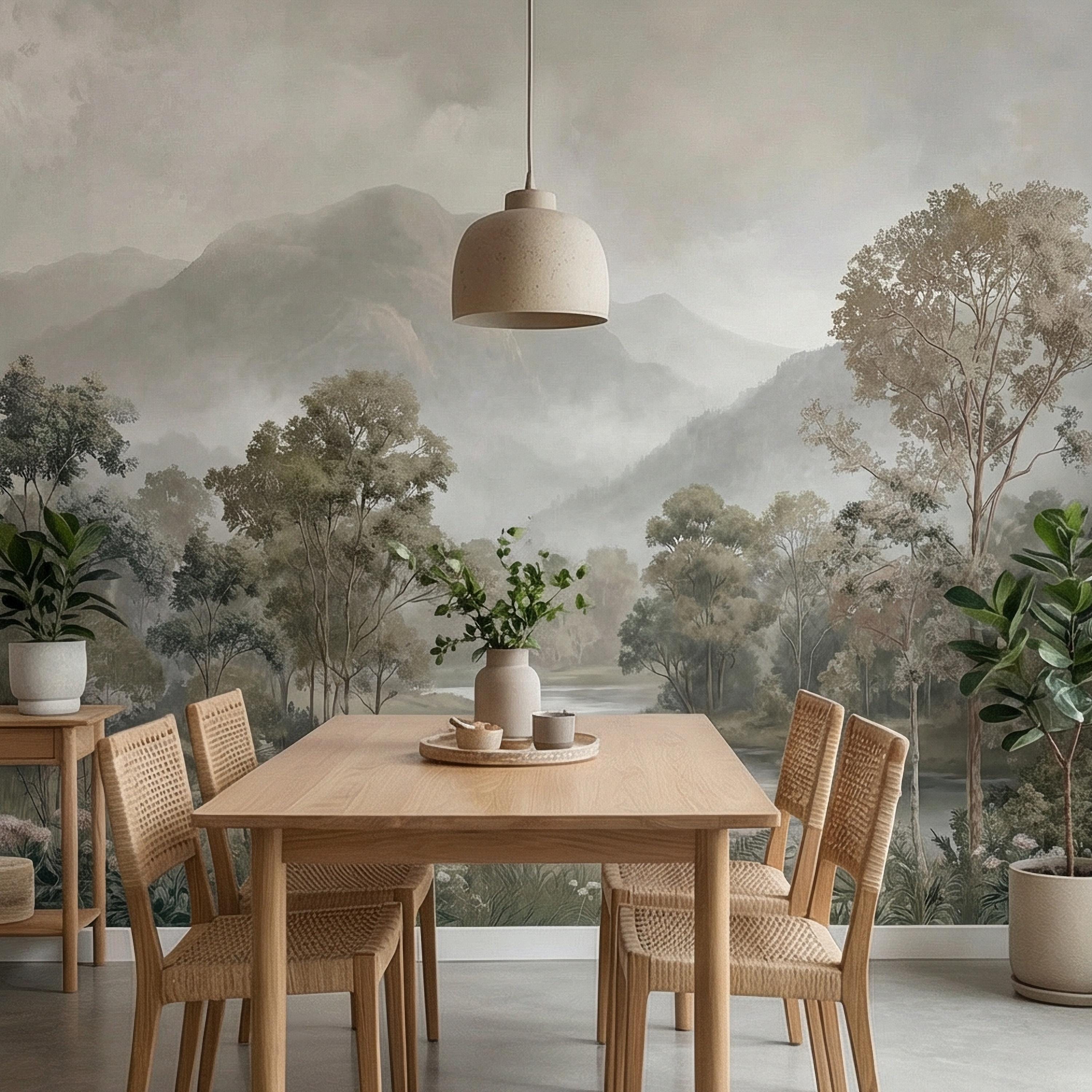 Misty Mountain Landscape Peel and Stick Wall Mural, Soft River Valley Forest, Neutral Woodland Lake Scenic Wallpaper