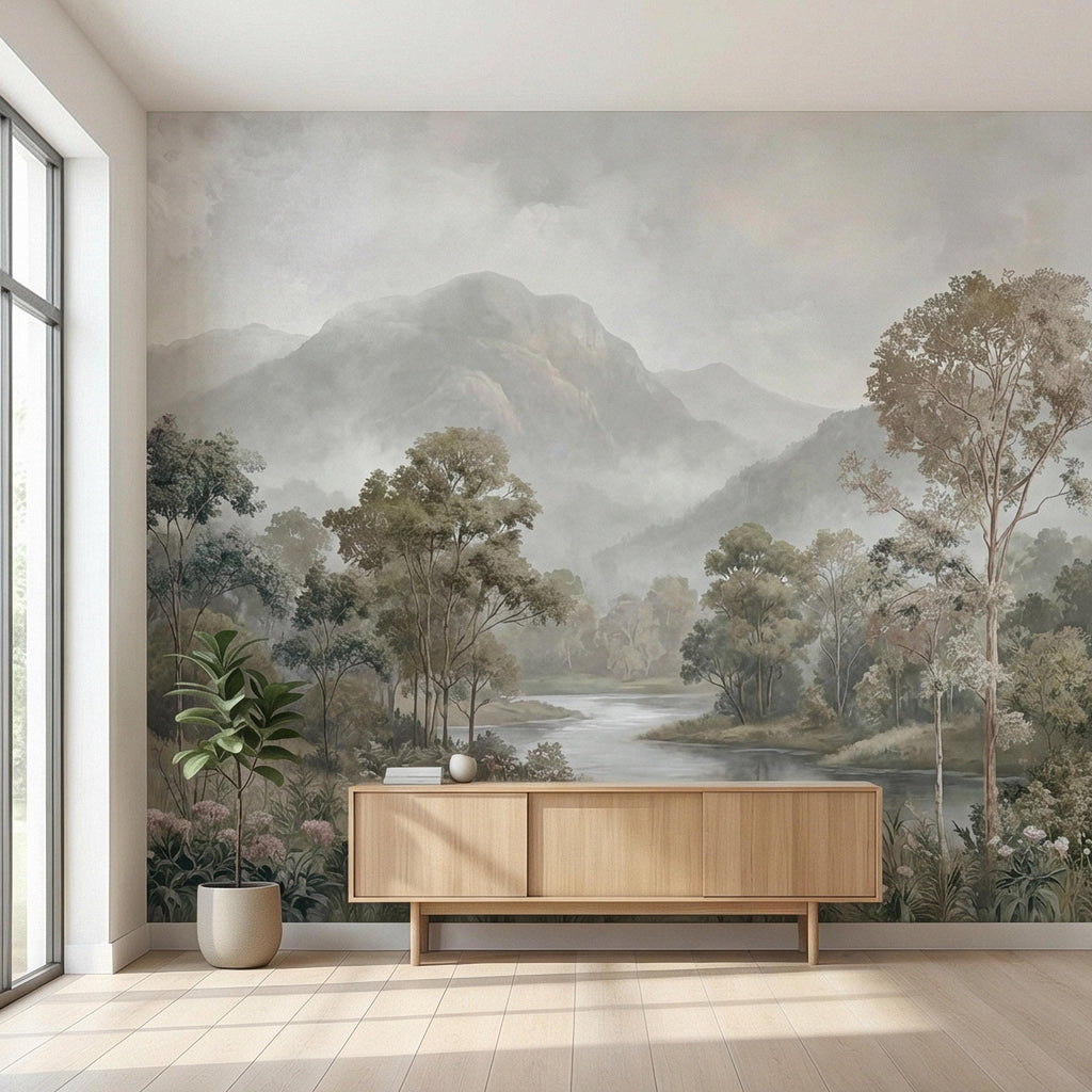 Misty Mountain Landscape Peel and Stick Wall Mural, Soft River Valley Forest, Neutral Woodland Lake Scenic Wallpaper