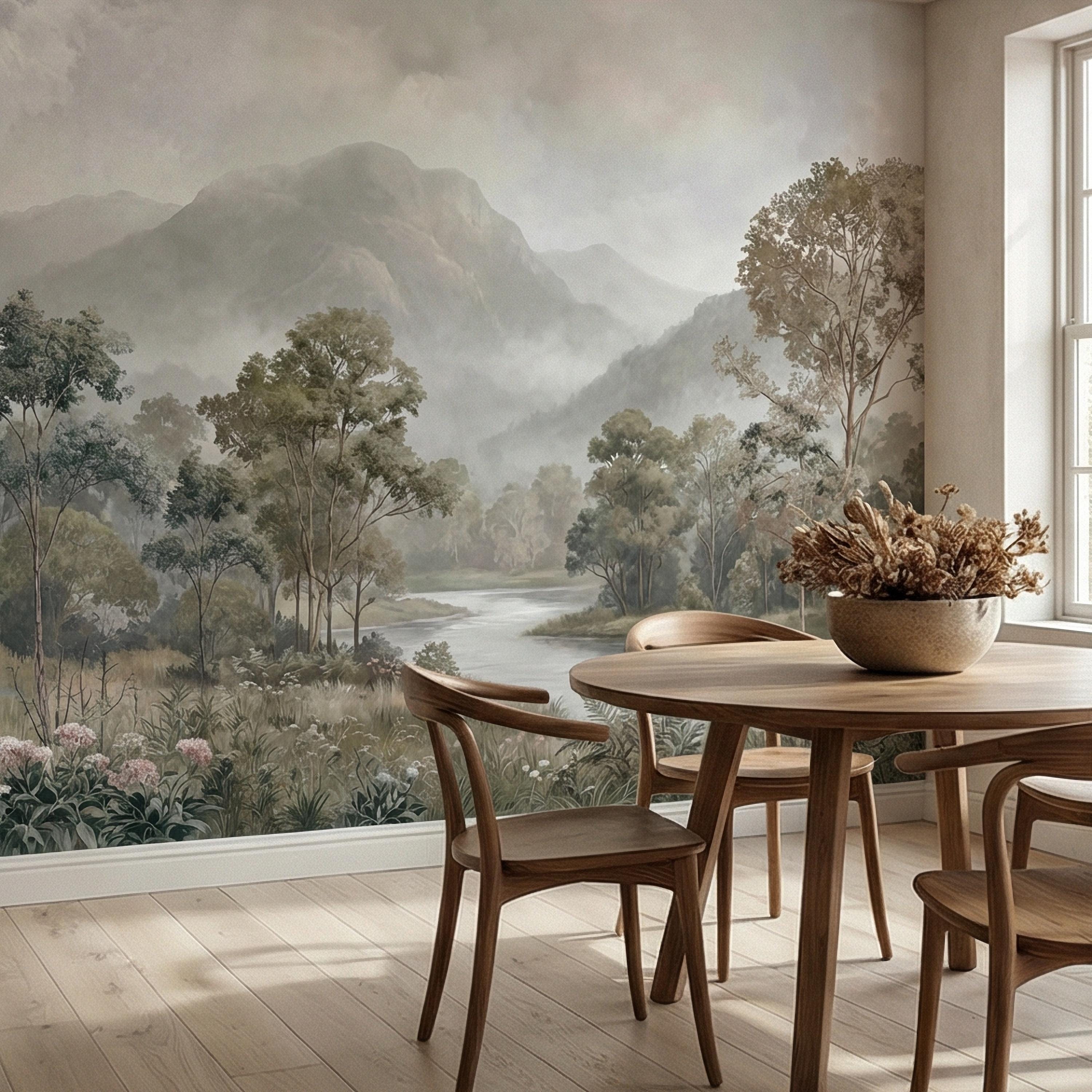 Misty Mountain Landscape Peel and Stick Wall Mural, Soft River Valley Forest, Neutral Woodland Lake Scenic Wallpaper