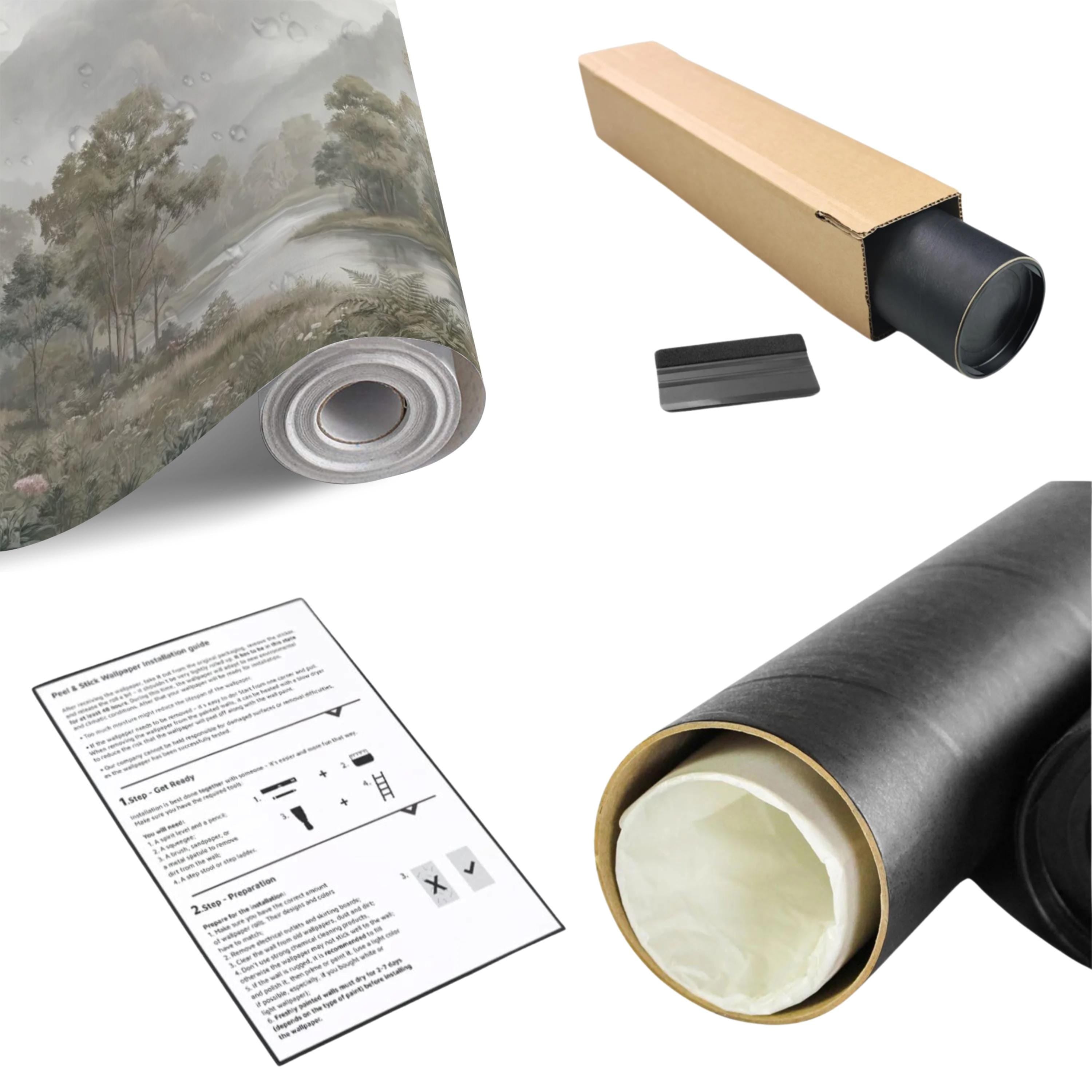Misty Mountain Landscape Peel and Stick Wall Mural, Soft River Valley Forest, Neutral Woodland Lake Scenic Wallpaper