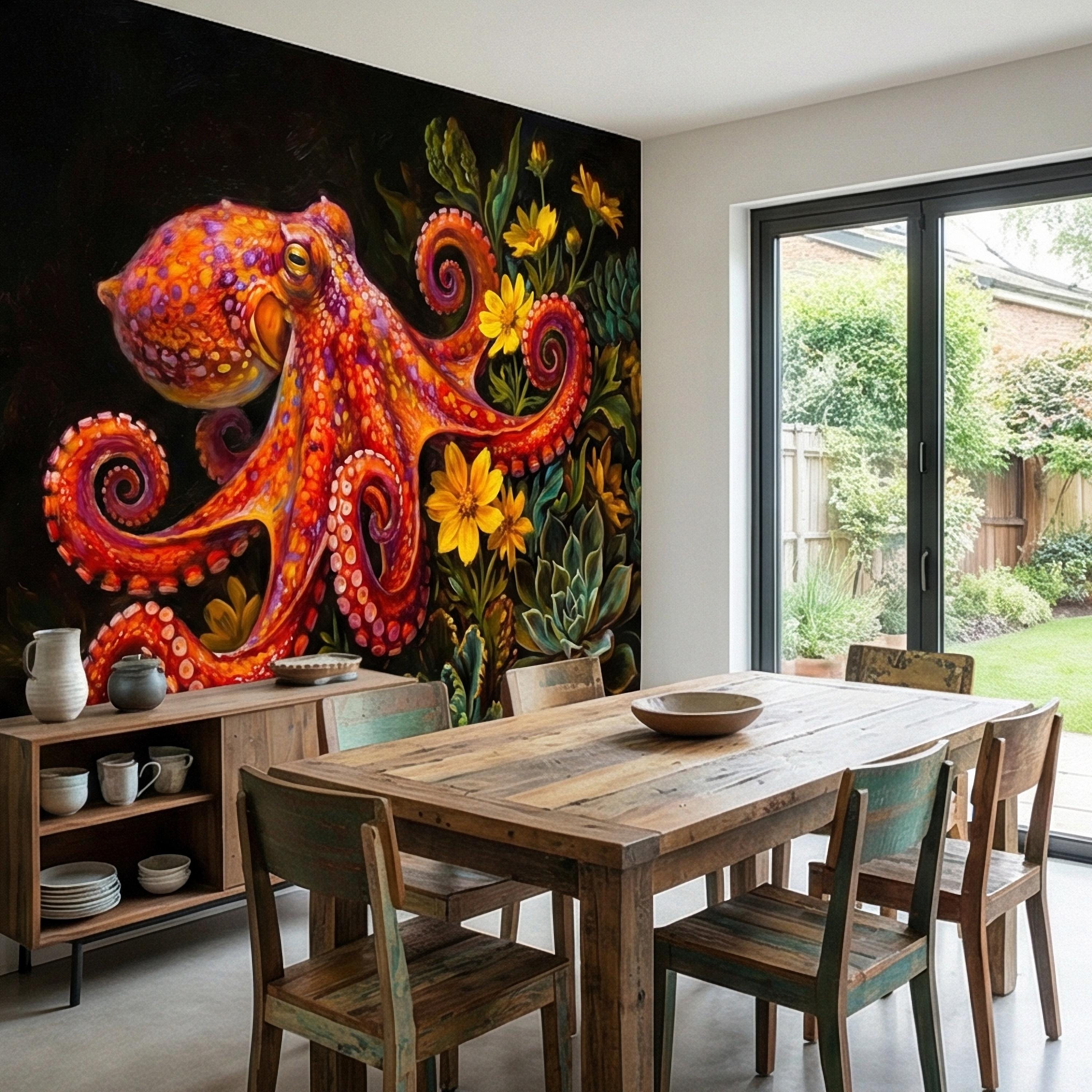 Colorful Octopus Peel and Stick Wall Mural, Vibrant Sea Life Floral Painting, Bold Coastal Botanical Wallpaper